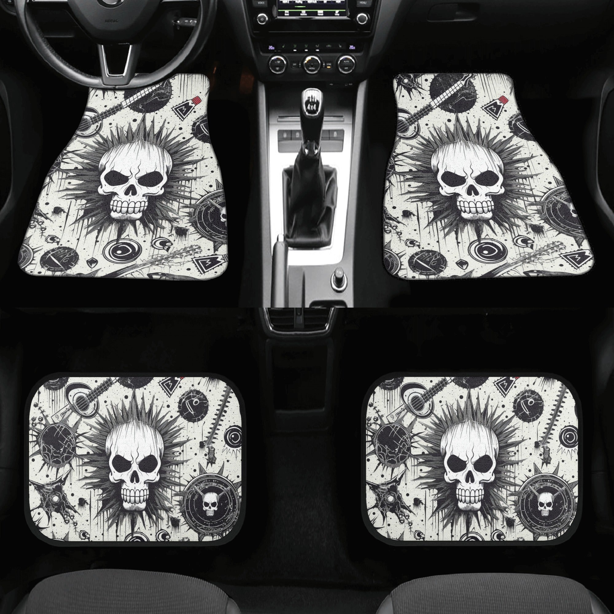 Punk Skull Car Floor Mats (Set of 4) - Non-Slip, Waterproof, All-Weather Protection for Sedans, SUVs, Trucks - Perfect for Car Enthusiasts & Gothic Style Lovers