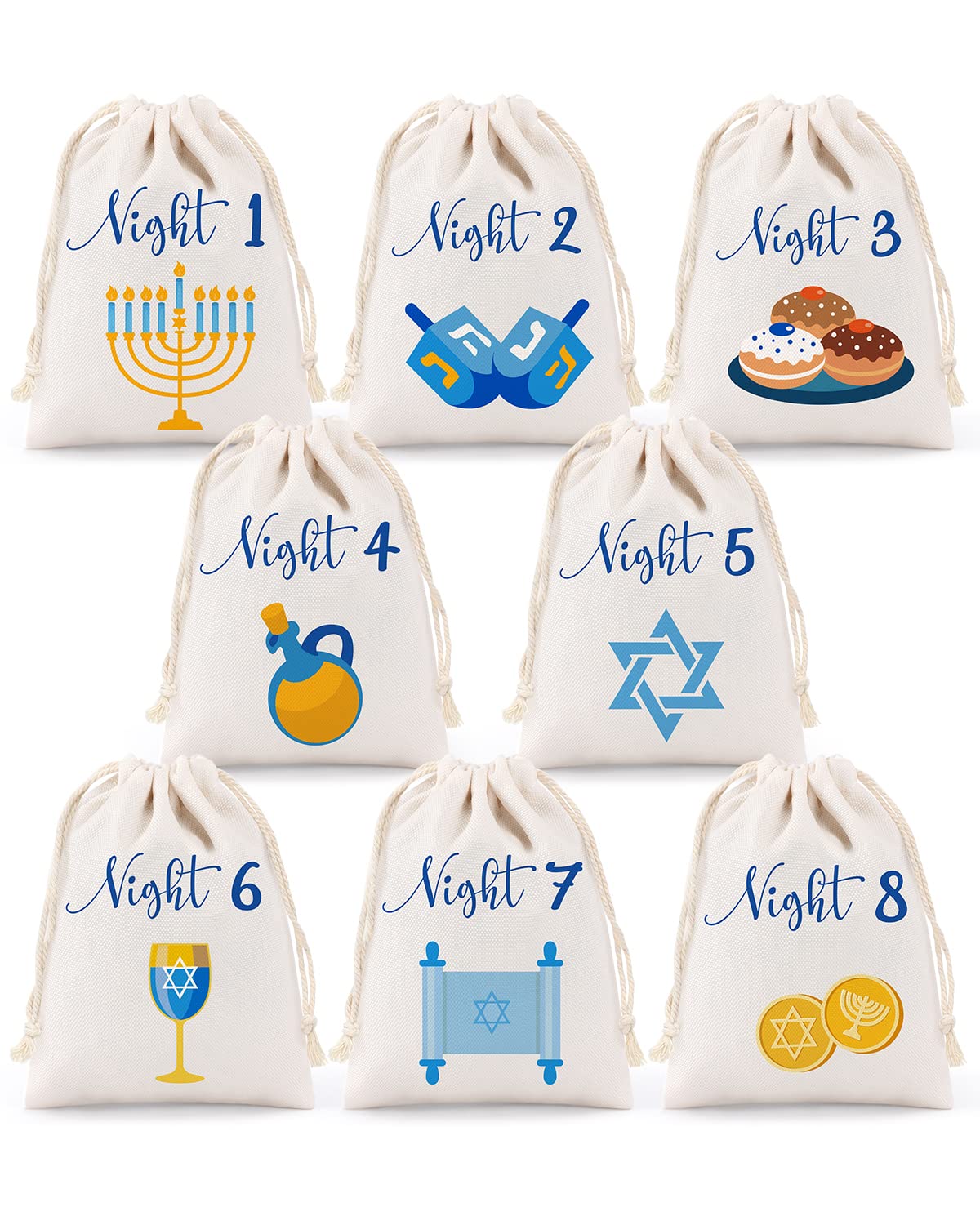 8 Nights of Hanukkah Drawstring Bags - Chanukah Gift Bags Set of 8, Hanukkah Countdown Calendar, Linen Treat Goodie Bags for Festival of Lights Party Favors - Perfect for Holiday Gifting, Classroom Celebrations & Jewish Tradition Events