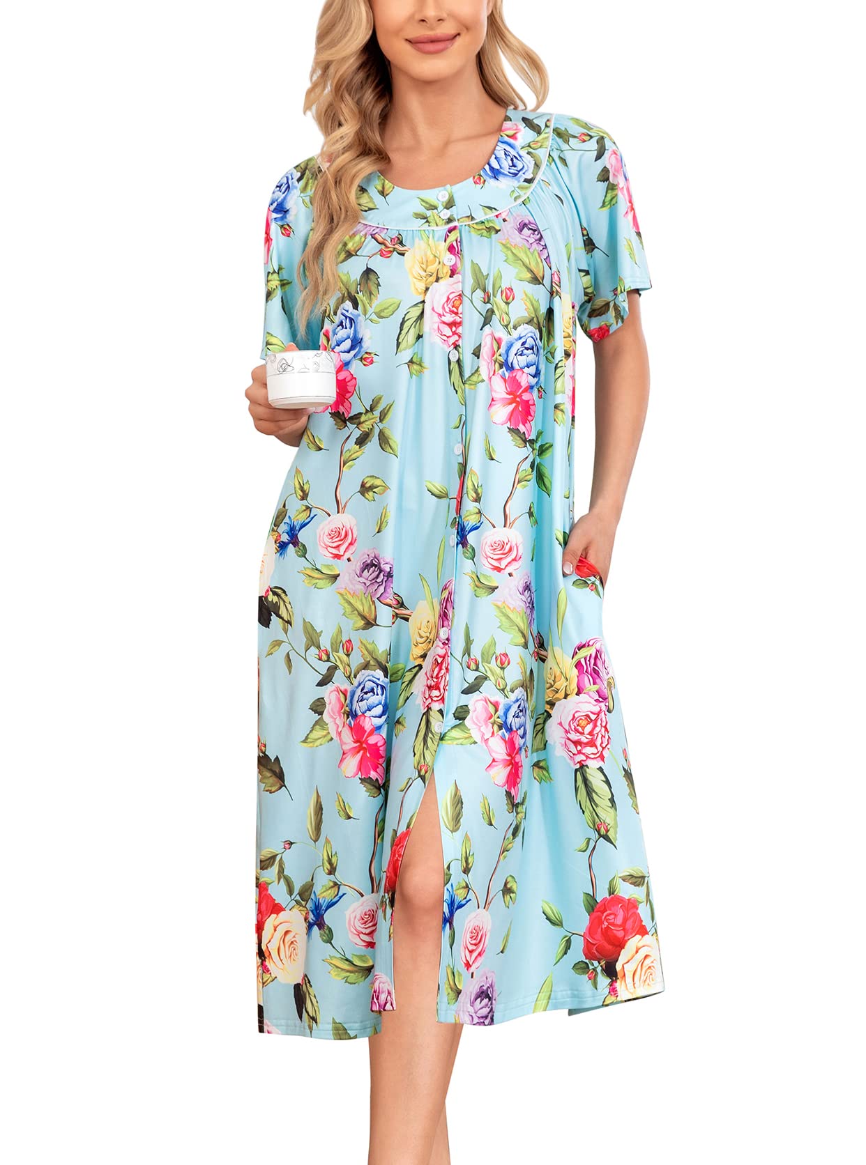 YOZLY Women's Short Sleeve House Dress - Comfortable Mumu Duster Robe with Pockets | Perfect for Lounging at Home, Morning Coffee & Relaxing Evenings