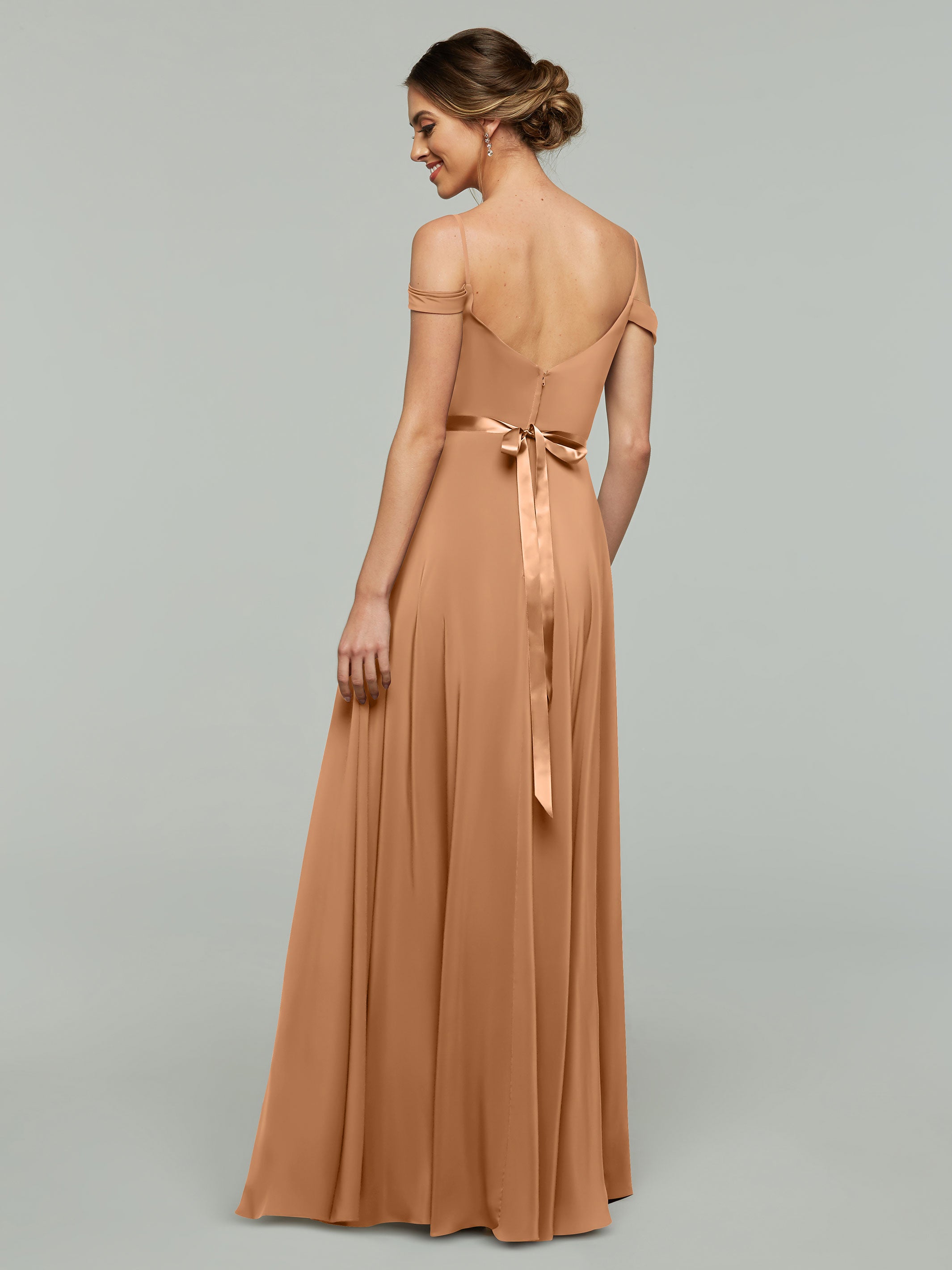 Elegant Off-The-Shoulder Stretch Chiffon A-Line Bridesmaid Dress with Sash - Perfect for Weddings, Formal Events & Special Occasions