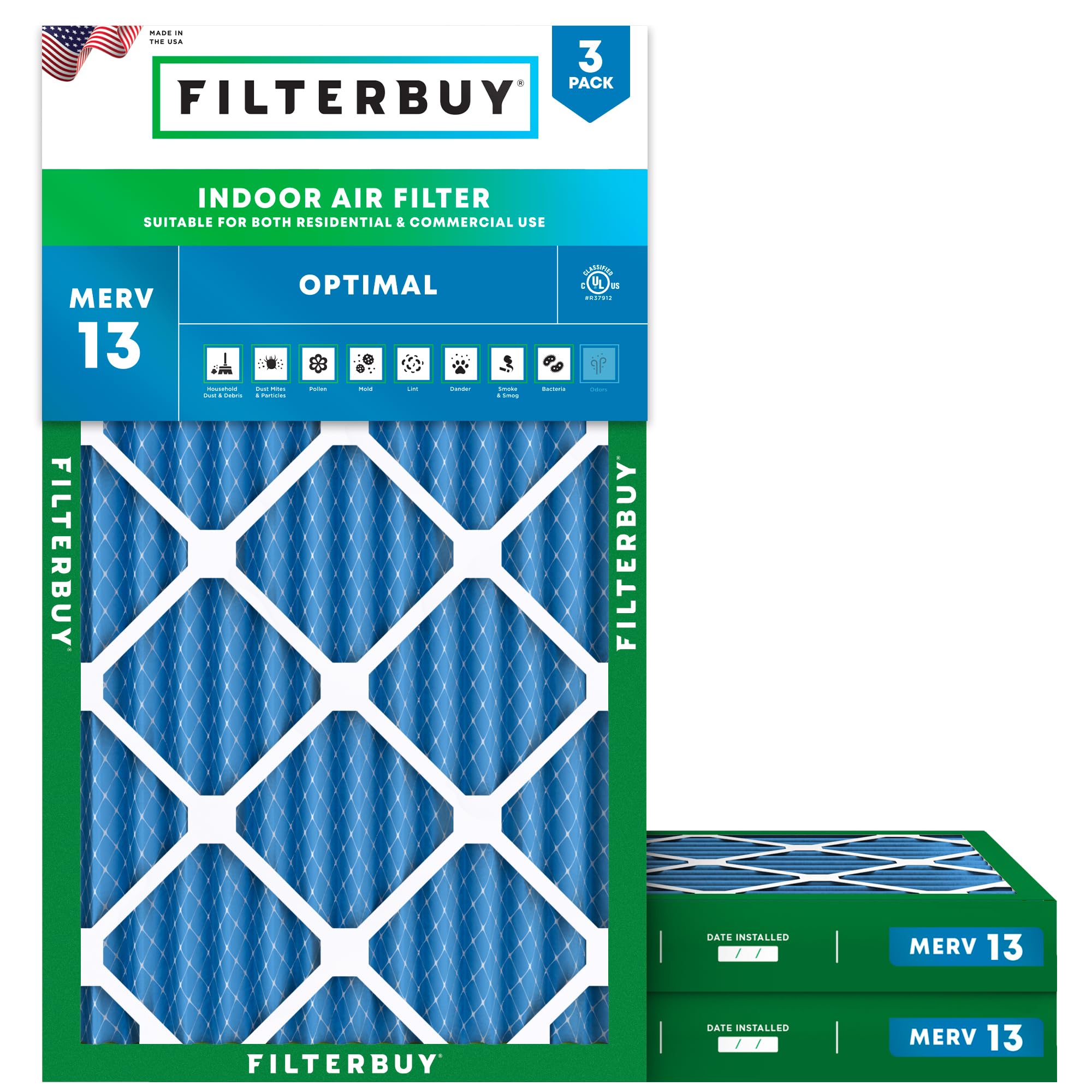 Filterbuy 20x32x2 MERV 13 Air Filter 3-Pack - High Efficiency HVAC Furnace AC Replacement Filters (Actual Size 20x32x1.75 Inches) for Home, Office & Commercial Use - Traps Dust, Pollen & Allergens