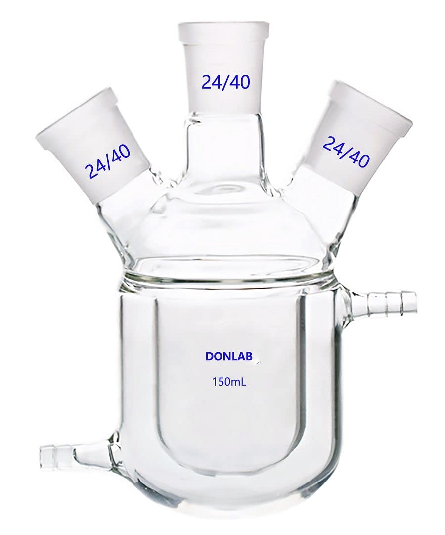 CFK-0150 150ml 3-Neck Double Layer Round Bottom Jacketed Glass Reactor Flask with 24/40 Ground Glass Joints - Laboratory Chemistry Equipment for Distillation, Synthesis & Chemical Reactions