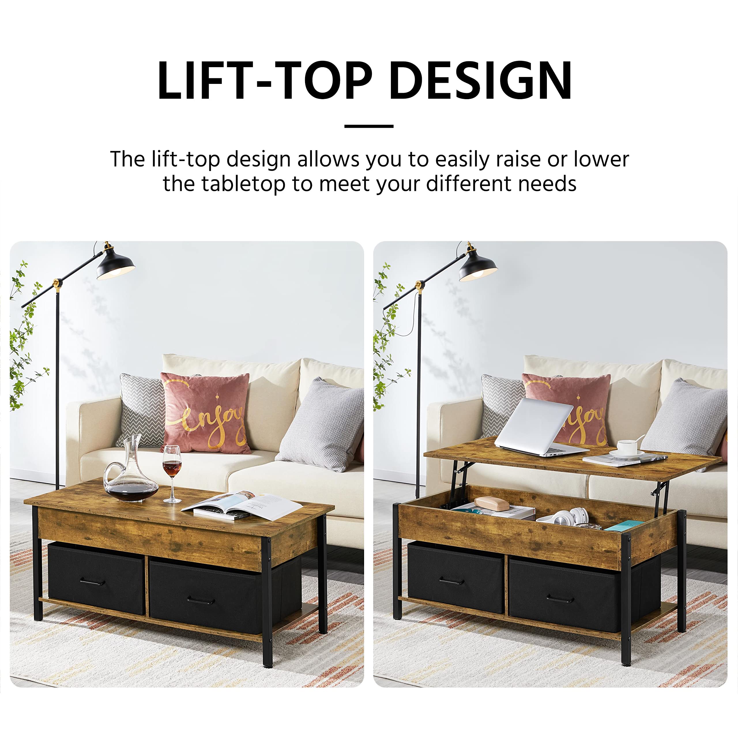 Yaheetech 41.5 Inch Lift Top Coffee Table with Storage - Rustic Brown Wooden Raisable End Table with 2 Fabric Baskets for Living Room & Office - Perfect for Small Spaces, TV Snacking, and Remote Storage