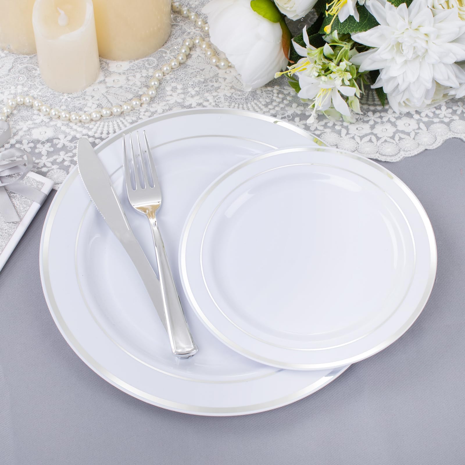 300-Piece Silver Plastic Dinnerware Set - 60 Disposable 10.25