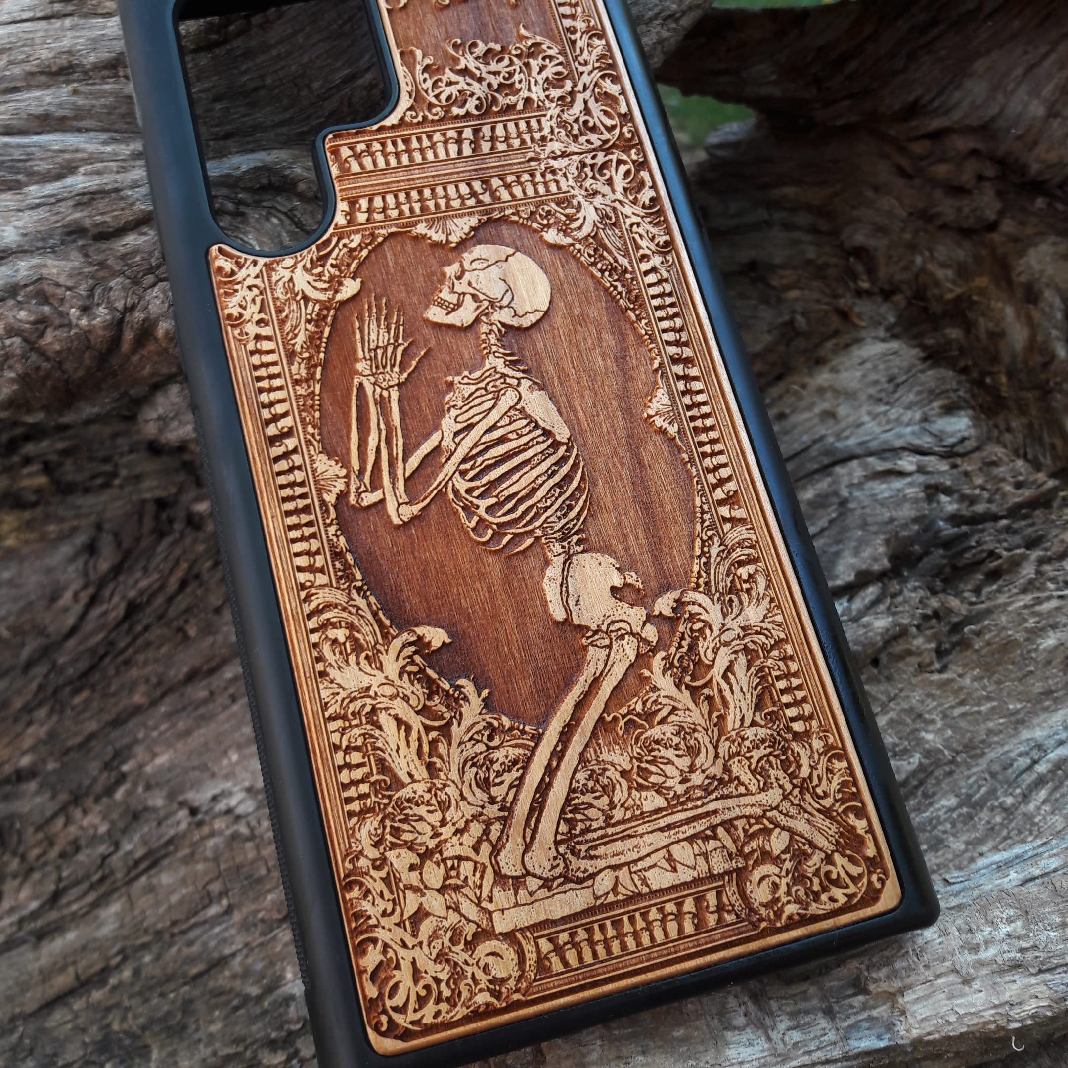 Praying Skeleton Laser Engraved Wooden Phone Case - Compatible with iPhone 16/15/14/13/12/11 Pro Max/Mini & Galaxy S25/S24/S23/S22/S21/S20 Ultra Plus - Eco-Friendly Slim Durable Wood Cover - Perfect for Halloween, Gothic Style & Nature Lovers