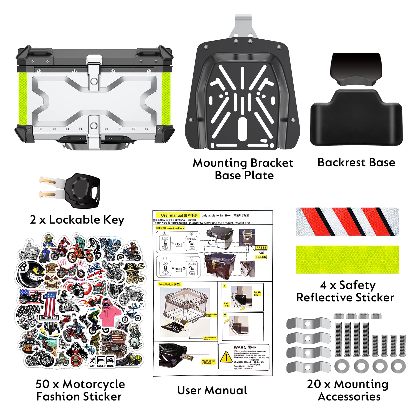 Heavy Duty Aluminum Universal Motorcycle Top Case - Waterproof Motorbike Tail Box Trunk with Security Lock for Helmet & Luggage Storage | Perfect for Touring, Commuting & Adventure Riding