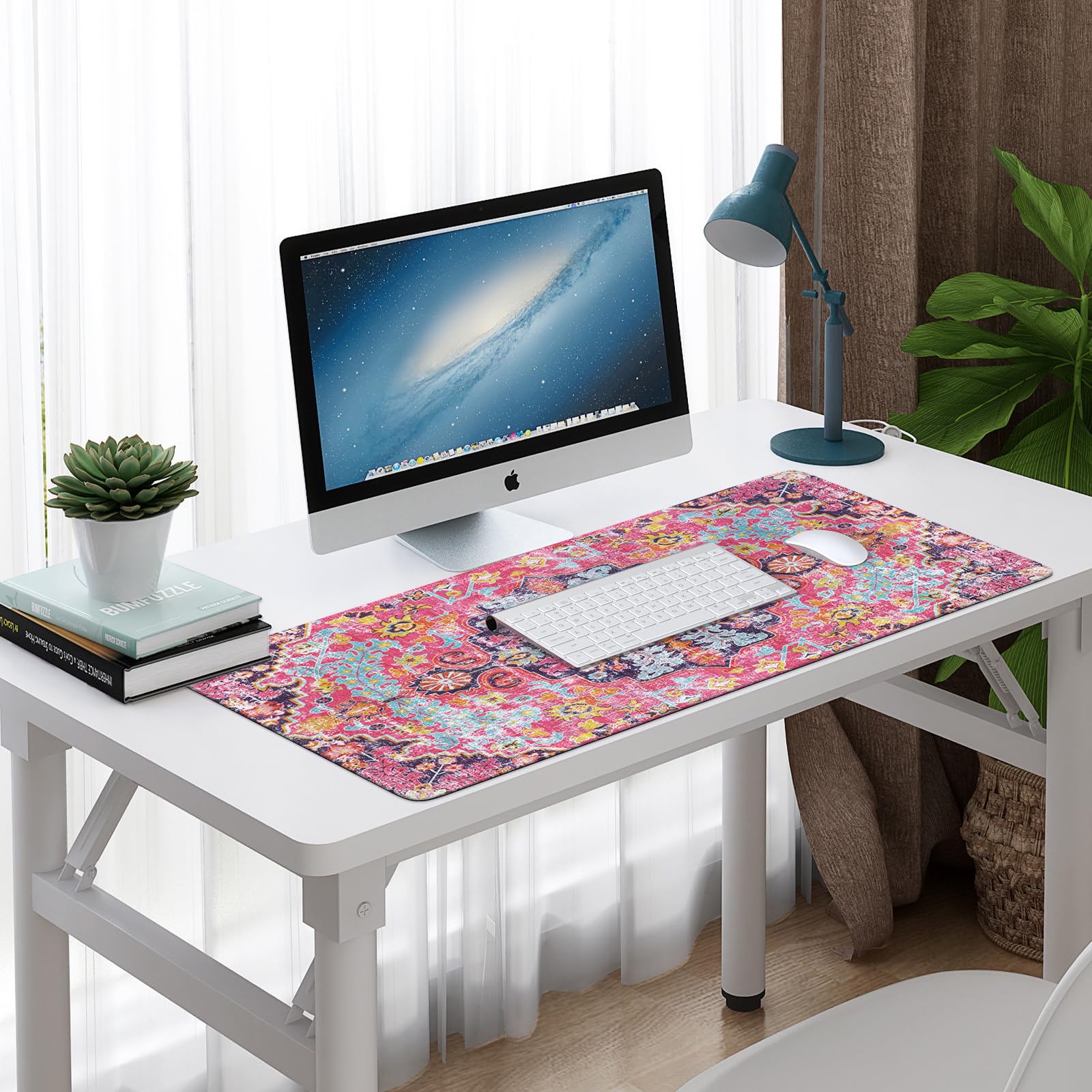iLeadon Large Boho Desk Mouse Pad Mat - Smooth Lycra Surface, Non-Slip Rubber Base, Stitched Edges - Perfect for Office & Home Workspace (Boho Floral Design) | Computer Desk Cover, Keyboard Mat for Comfortable Typing & Mouse Movement
