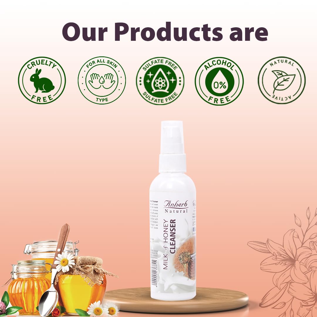 Anherb Natural Milk & Honey Facial Cleanser for Dry Skin - Gentle Face Wash with Almond Oil, Aloe Vera & Honey | Deep Cleansing, Moisturizing & Nourishing | Removes Impurities & Makeup | 100g (Pack of 1) | Perfect for Daily Skincare Routine & Travel