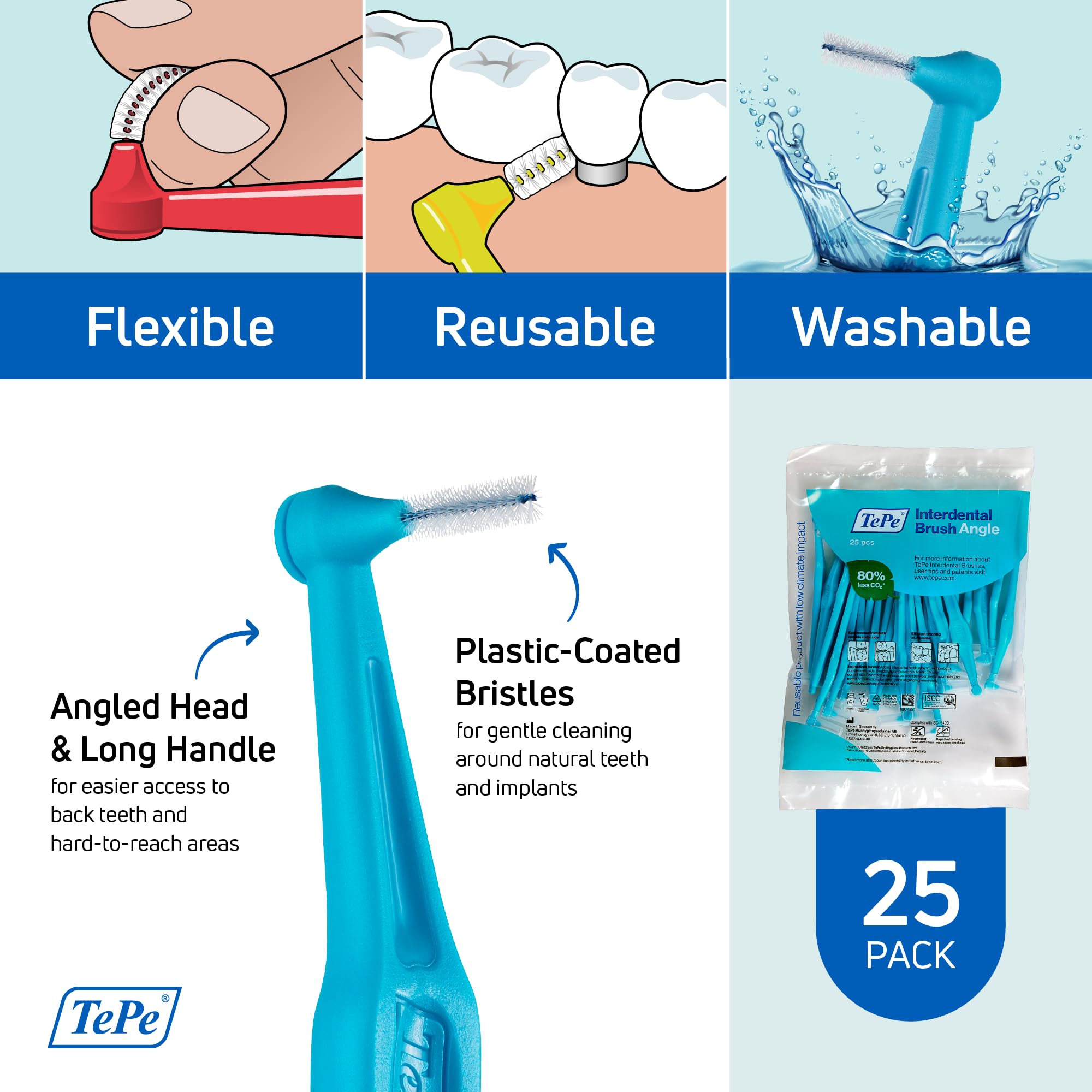 TePe Angled Interdental Brush - Pack of 25, Size 3 (0.6mm) for Medium Gaps - Blue Dental Cleaning Brushes for Teeth & Braces - Perfect for Oral Hygiene, Gum Care and Hard-to-Reach Areas