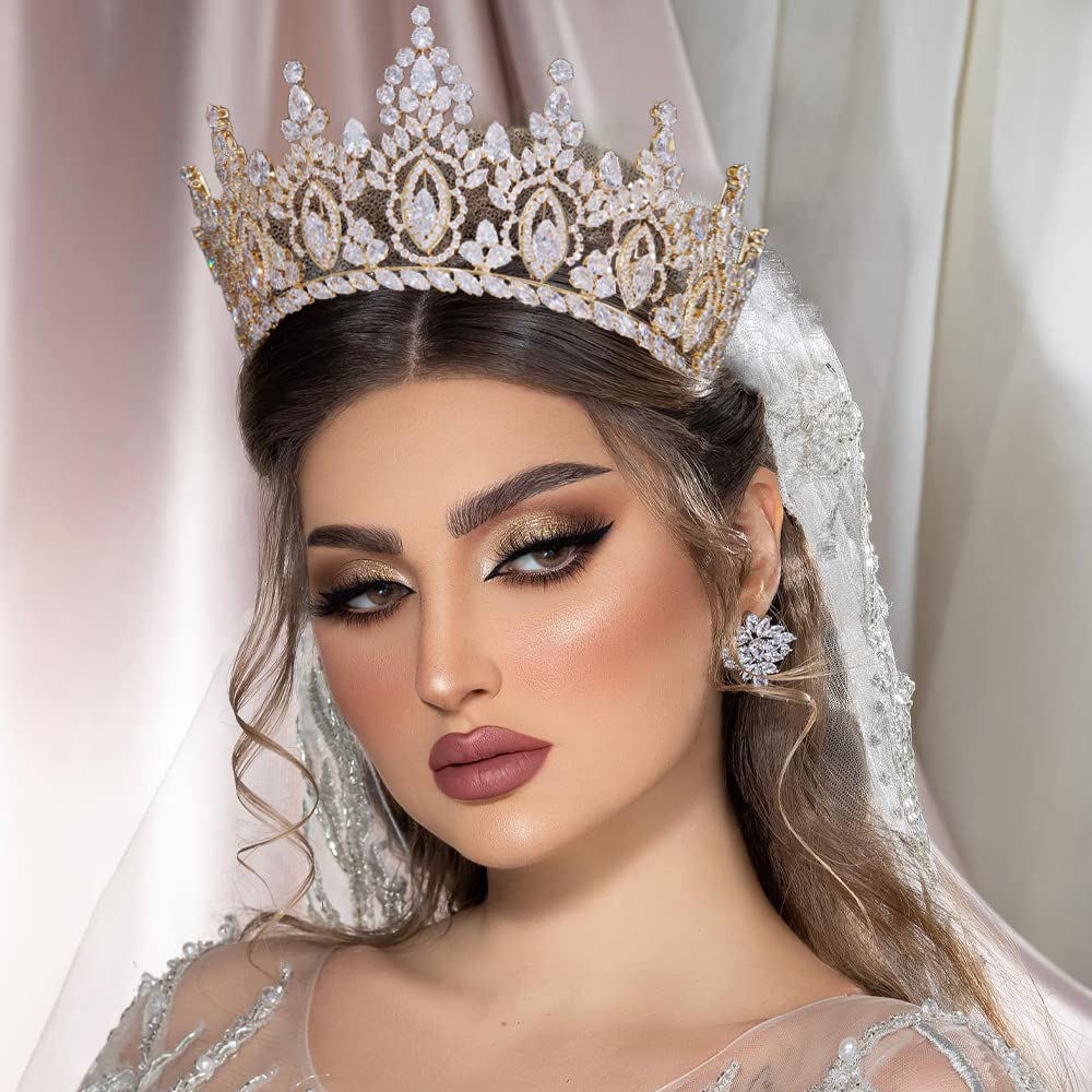 Luxury Cubic Zirconia Wedding Crown for Women - Gold Bridal Tiara with CZ Stones for Quinceañera, Pageant & Special Occasions | Elegant Hair Accessory for Brides, Prom & Formal Events