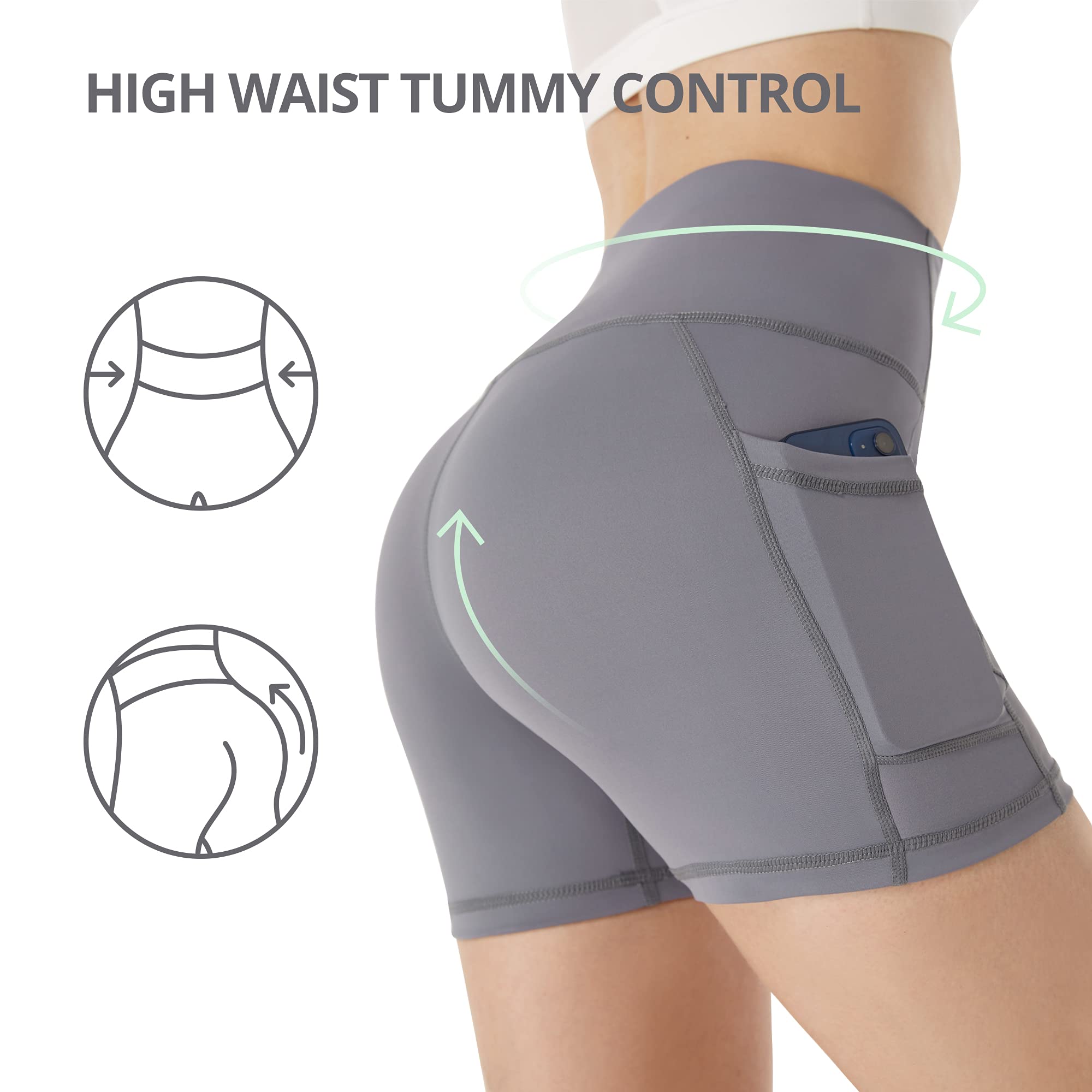**AKASO High Waist Yoga Shorts for Women – Running, Fitness, Biking & Workout – Tummy Control Compression Shorts with Pockets (Gray) – Perfect for Yoga, Gym & Outdoor Activities**