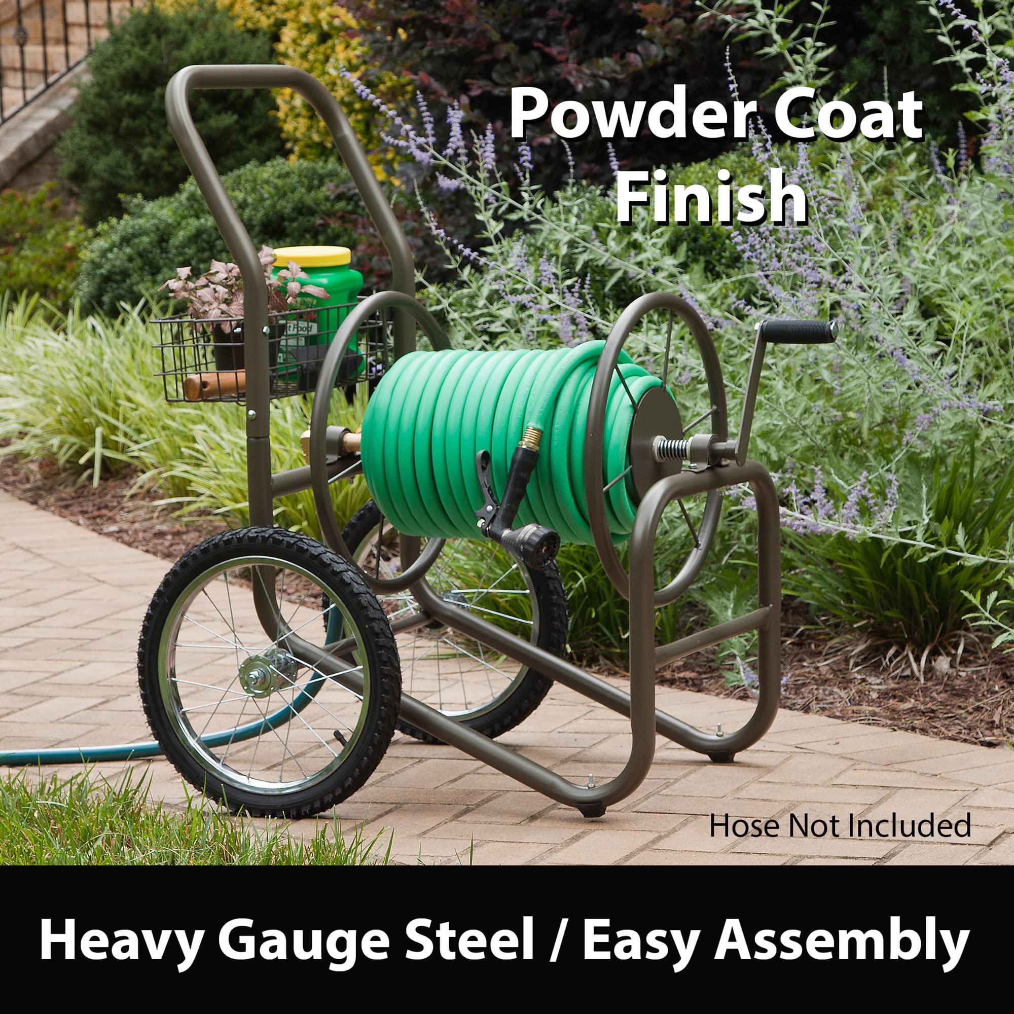 Liberty Garden 880 Industrial 2-Wheel Pneumatic Tire Garden Hose Reel Cart with 300ft Capacity - Heavy Duty Bronze Outdoor Watering System for Lawn, Yard & Garden Irrigation