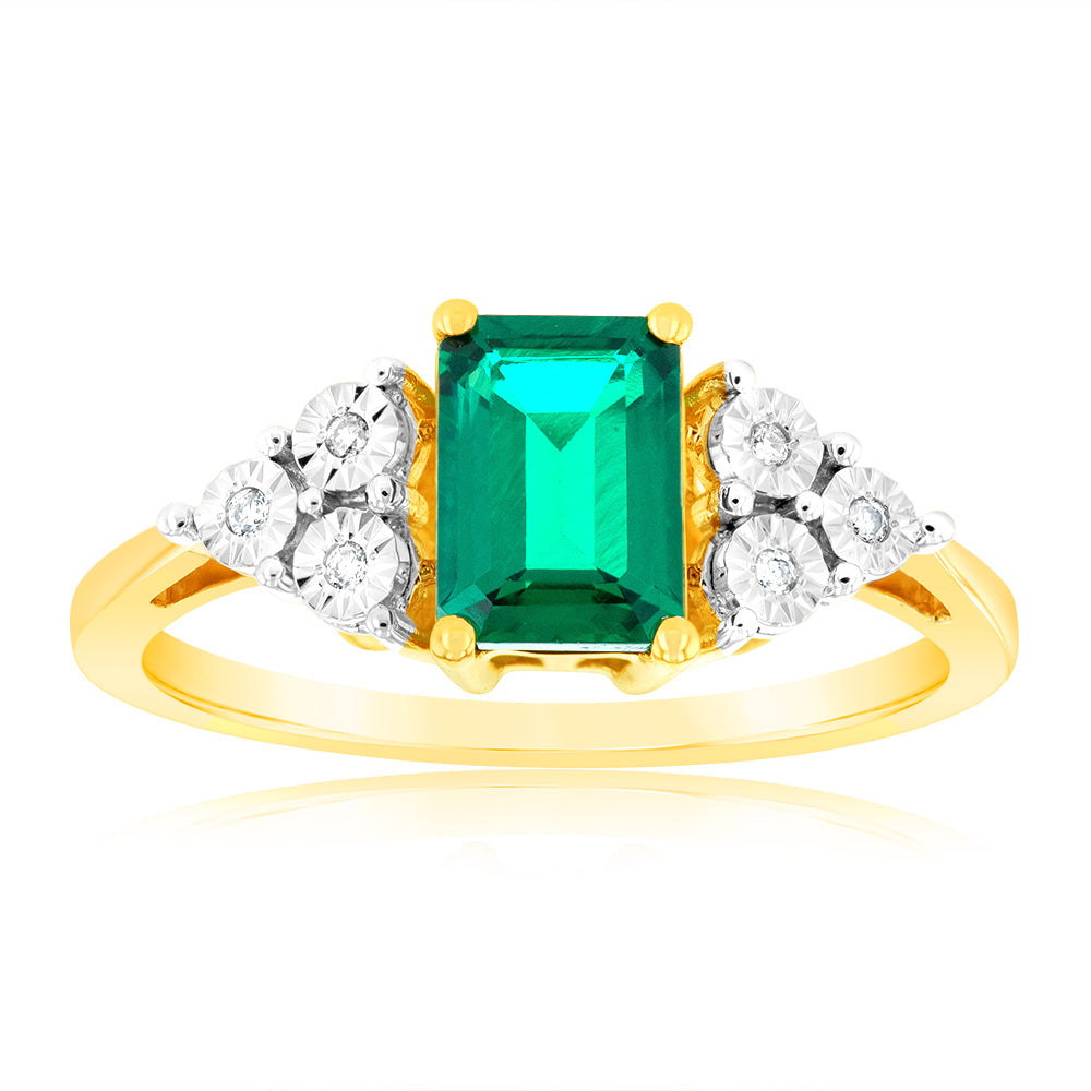9ct Yellow Gold 7mm Lab-Created Emerald and Diamond Ring for Women - Elegant Engagement, Wedding, Anniversary Gift Jewelry