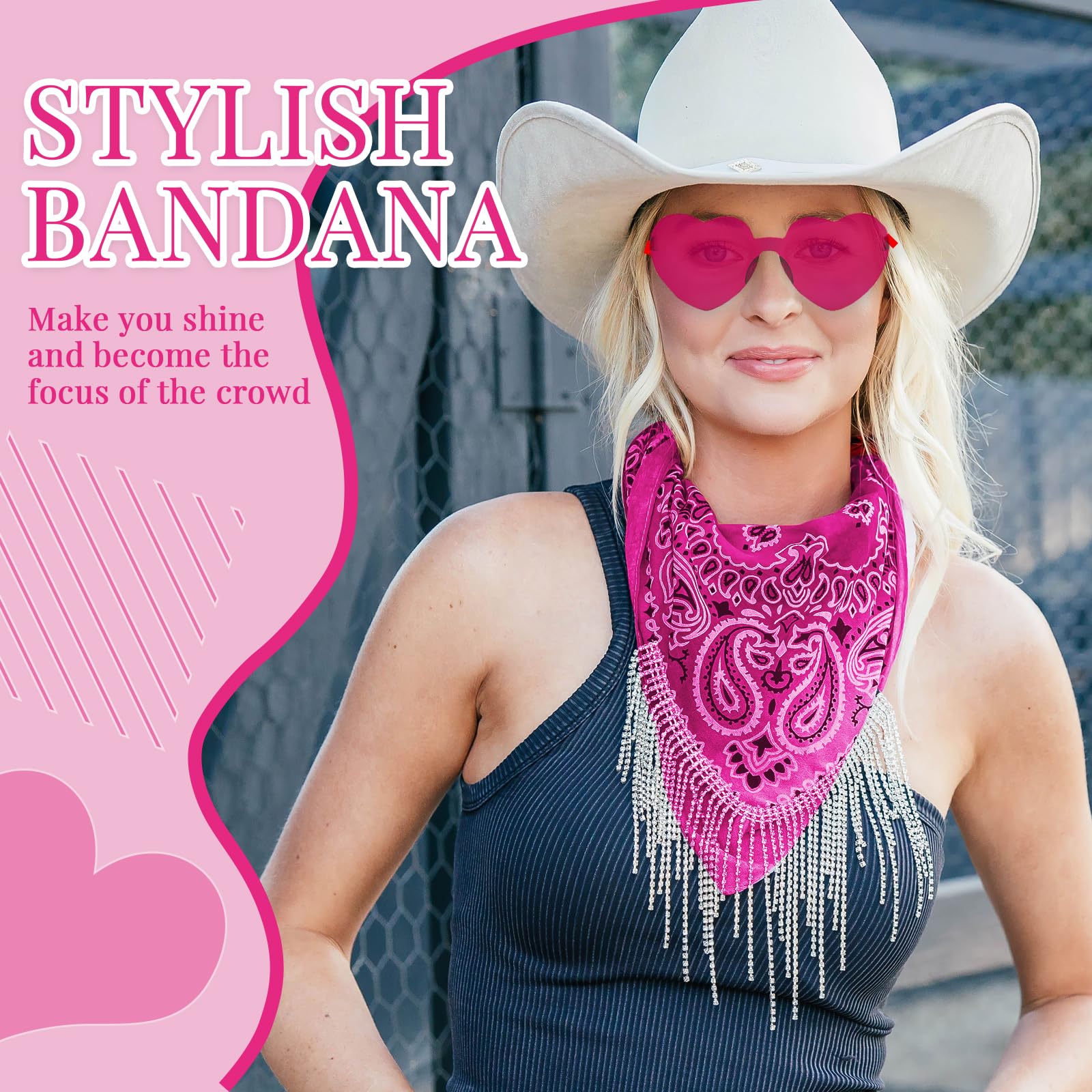Sparkly Rhinestone Fringe Bandana for Women & Men - Disco Cowgirl & Bachelorette Party Accessory - Halloween Costume Bandana with Heart Sunglasses - Perfect for Music Festivals, Rodeos & Themed Parties