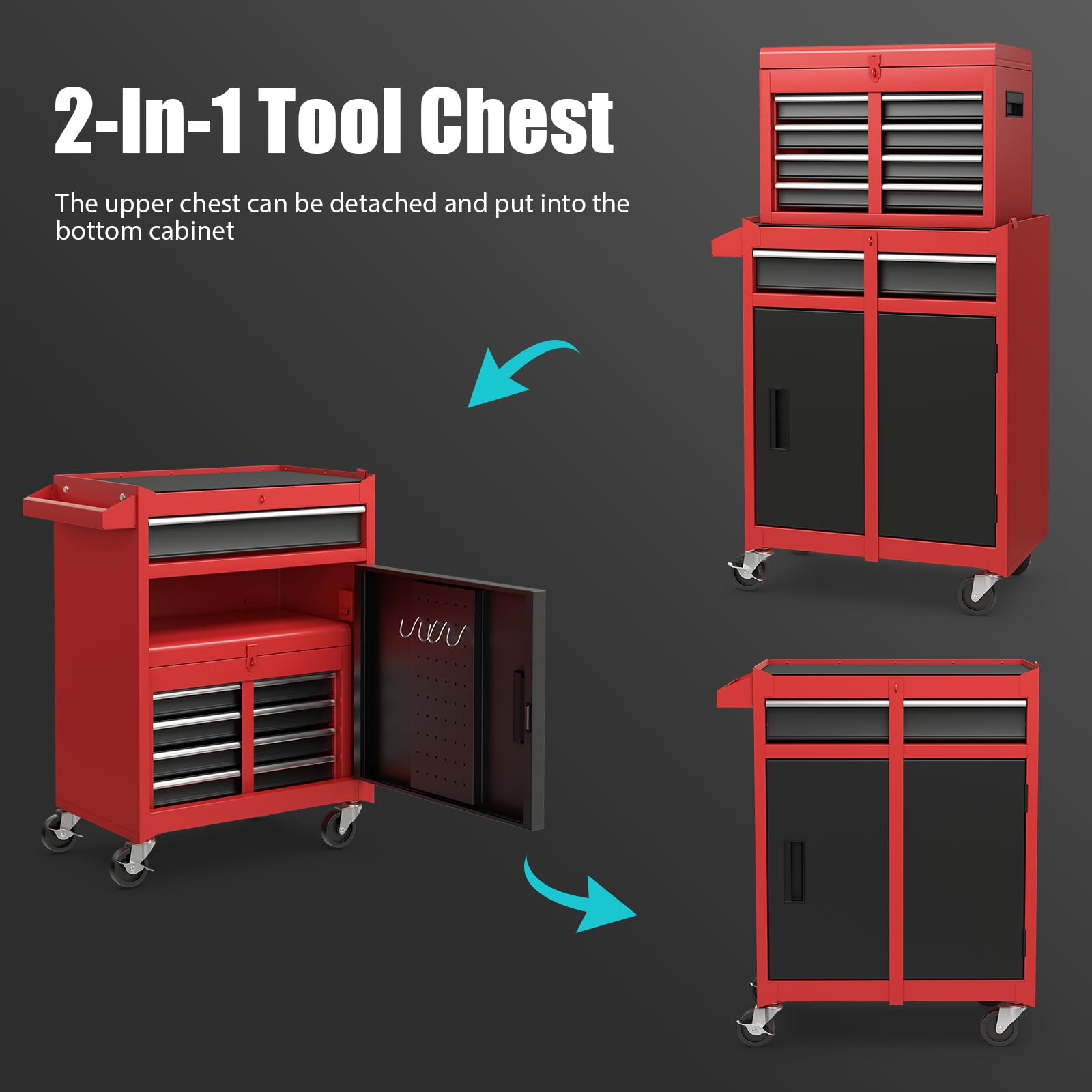 5-Drawer Rolling Tool Chest with Wheels, Heavy Duty Tool Storage Cabinet - Adjustable Shelf & Anti-Slip Liner for Garage, Workshop & Warehouse Organization (Red & Black) | Perfect for Mechanics, DIY Enthusiasts & Professional Contractors