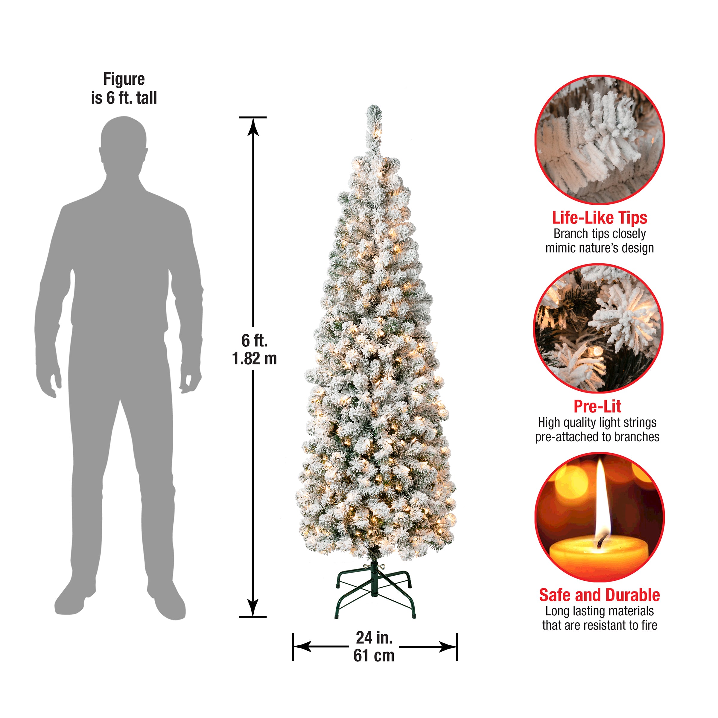 6 ft Pre-Lit Acacia Pencil Slim Flocked Christmas Tree with Clear LED Lights - Perfect for Small Spaces, Apartments & Holiday Home Decor