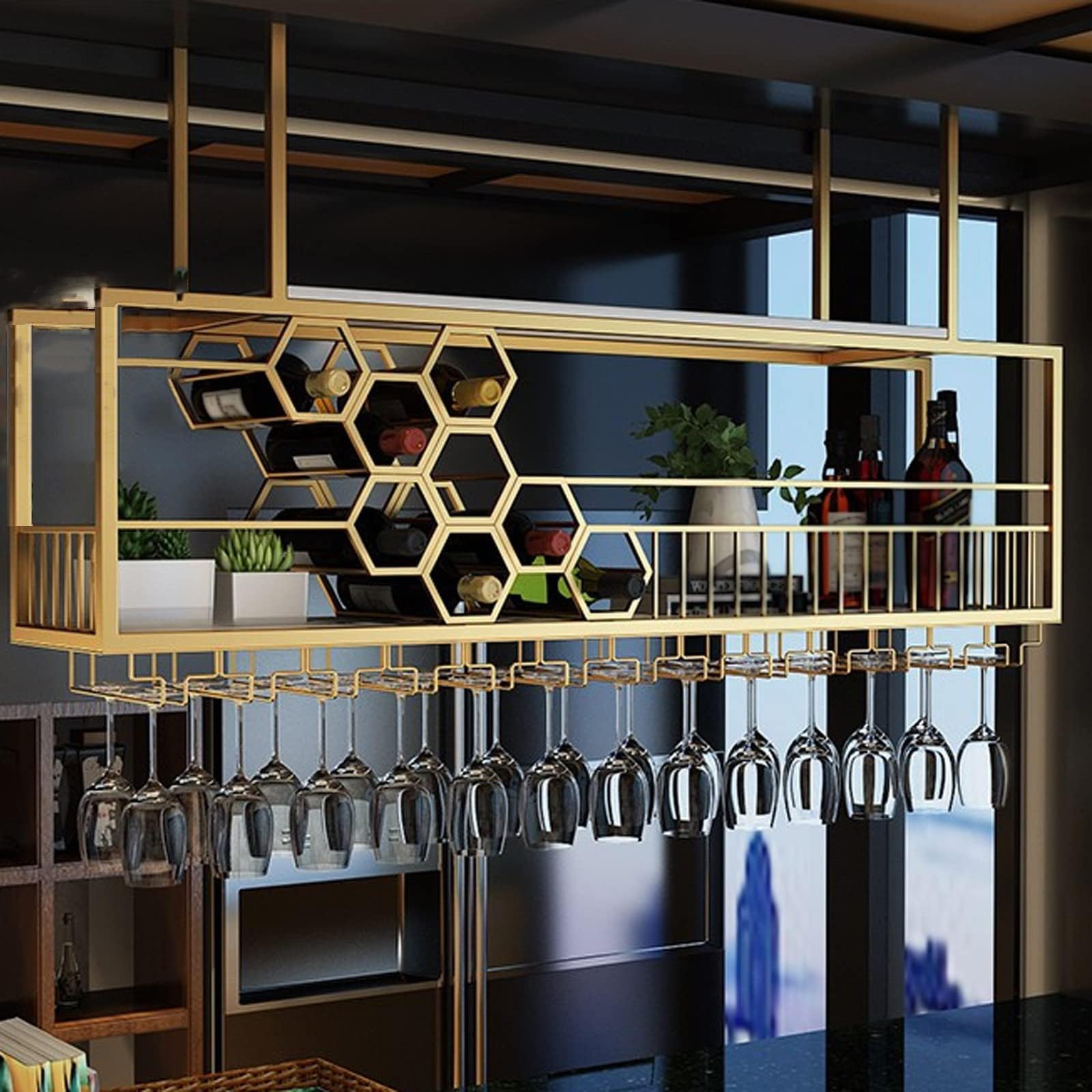 Large Capacity Honeycomb Ceiling Wine Glass Rack - 39.7 Inch (100cm) Gold Hanging Wine Bottle Storage Display for Home Bar, Kitchen & Dining Room - Perfect for Wine Enthusiasts & Entertaining Guests
