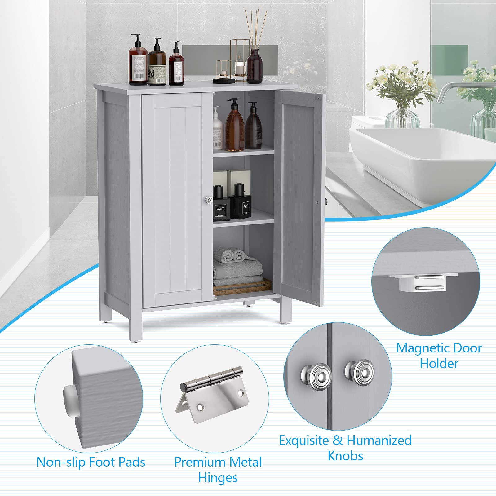 GOFLAME 3-Tier Adjustable Bathroom Storage Cabinet with Double Doors - Freestanding Wooden Organizer for Bathroom, Living Room & Kitchen - Grey | Space-Saving Home Storage Solution for Towels, Toiletries & Cleaning Supplies