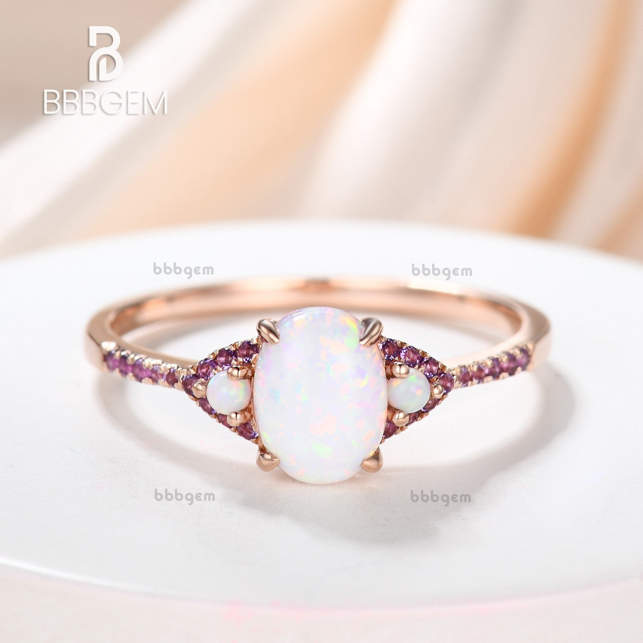 14K Oval Created Opal & Amethyst Halo Three-Stone Engagement Ring for Women | Vintage Inspired Wedding Band, Promise Ring, Anniversary Gift for Her
