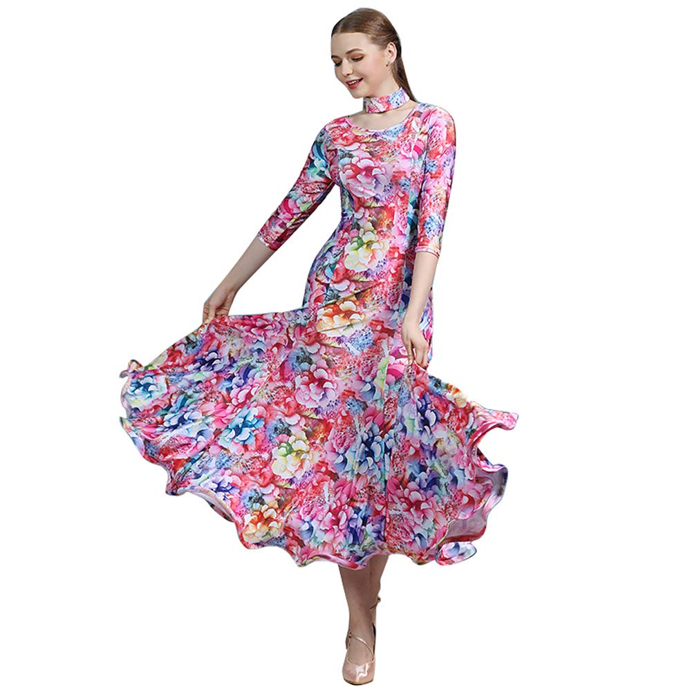 Floral Ballroom Dance Dress - Elegant Flamenco Waltz Tango Costume for Women (2XL) | Perfect for Latin Dance Competitions & Social Dancing Events