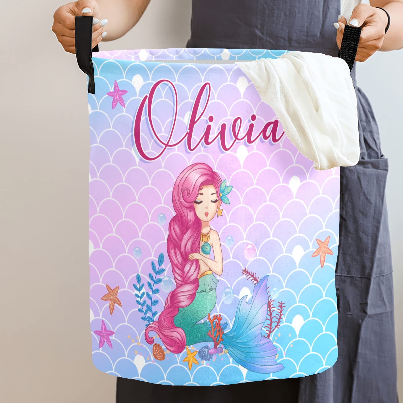 Personalized Mermaid Laundry Basket for Girls - Custom Name Kids Laundry Hamper with Handles - Perfect for Nursery, Bedroom & Bathroom Organization (Style 04)