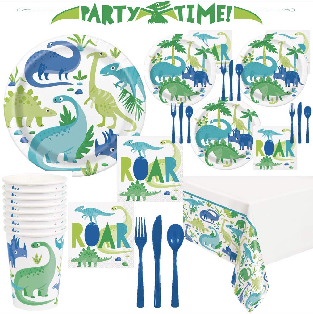 Dinosaur Themed Party Supplies Set - 16-Piece Decorations for Baby Showers & Birthdays | Includes Plates, Napkins, Cups, Table Cover, Cutlery & Banner | Perfect for Kids' Dinosaur Birthday Parties & Jurassic Theme Events