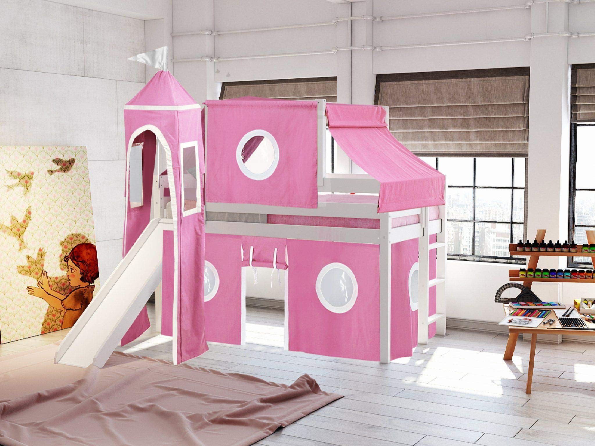 Princess Low Loft Bed with Slide - Pink & White Twin Size Tent & Tower Playhouse - Perfect for Kids' Bedroom & Playroom Decor