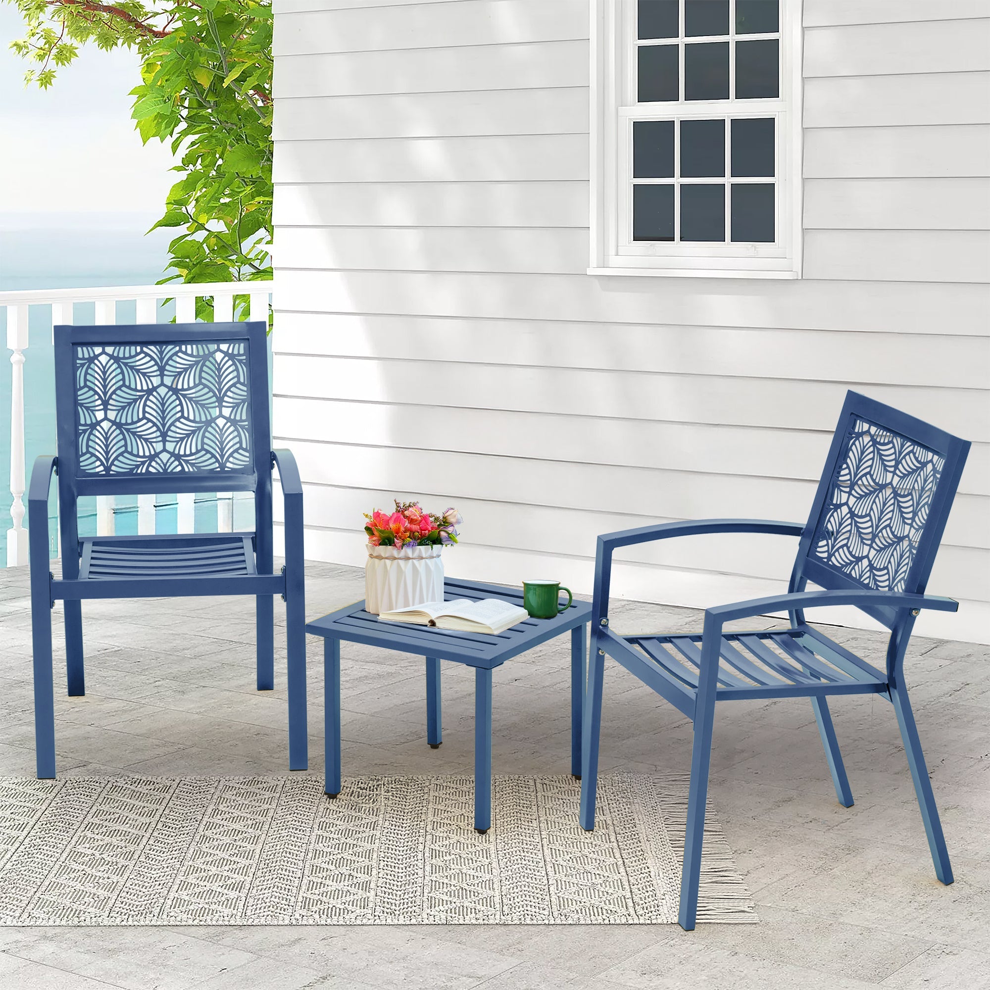 EROMMY 3-Piece Outdoor Bistro Set - Metal Patio Chairs & Table with Floral Back Design in Peacock Blue - Perfect for Garden, Balcony, and Small Outdoor Spaces