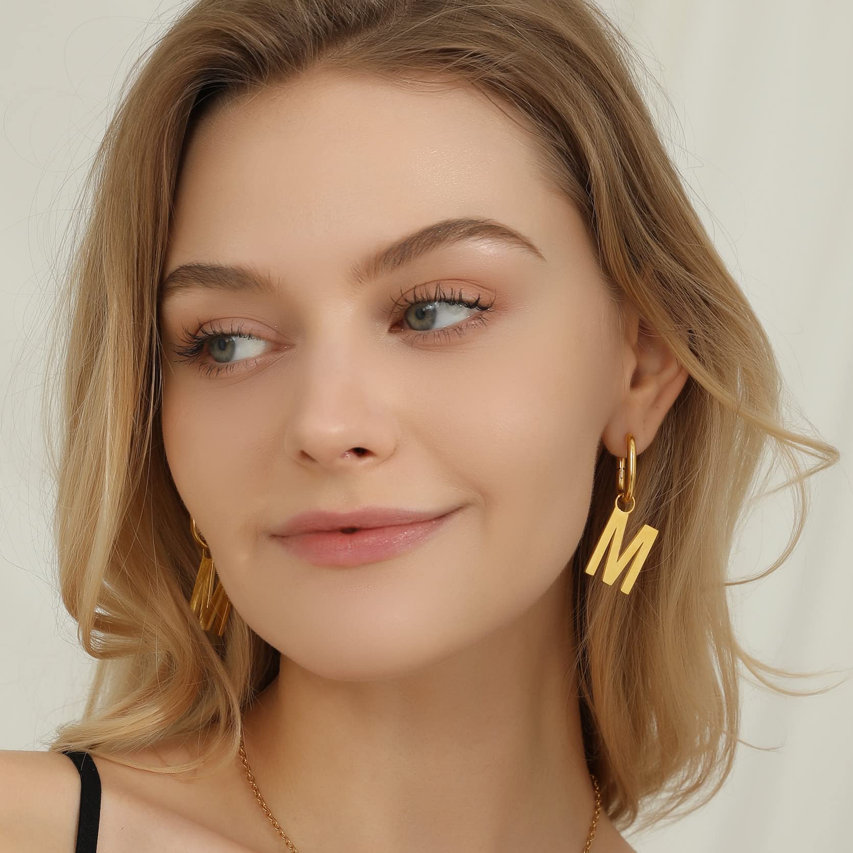 GoldChic Initial Letter Earrings for Women - Stainless Steel U-Shape Alphabet Hoop Drop Earrings (Gold) - Perfect for Everyday Wear, Date Nights & Gifts