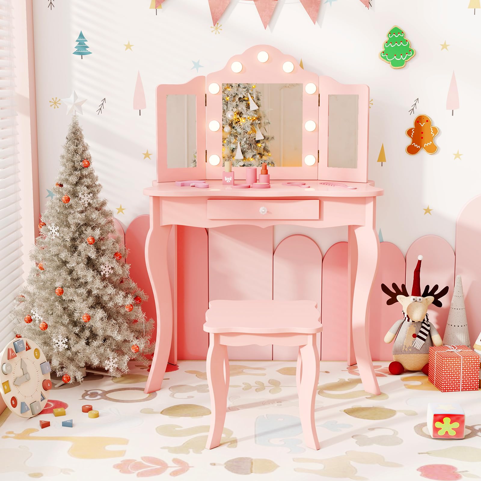 AKUSTIK Kids Vanity with LED Lights - 2-in-1 Wooden Dressing Table & Chair Set with Tri-Fold Mirror, Stool & Storage Drawer - Princess Pretend Play Beauty Kit - Perfect Gift for Toddler Girls (Ideal for Bedroom Play, Birthday Presents & Role-Playing Activities)