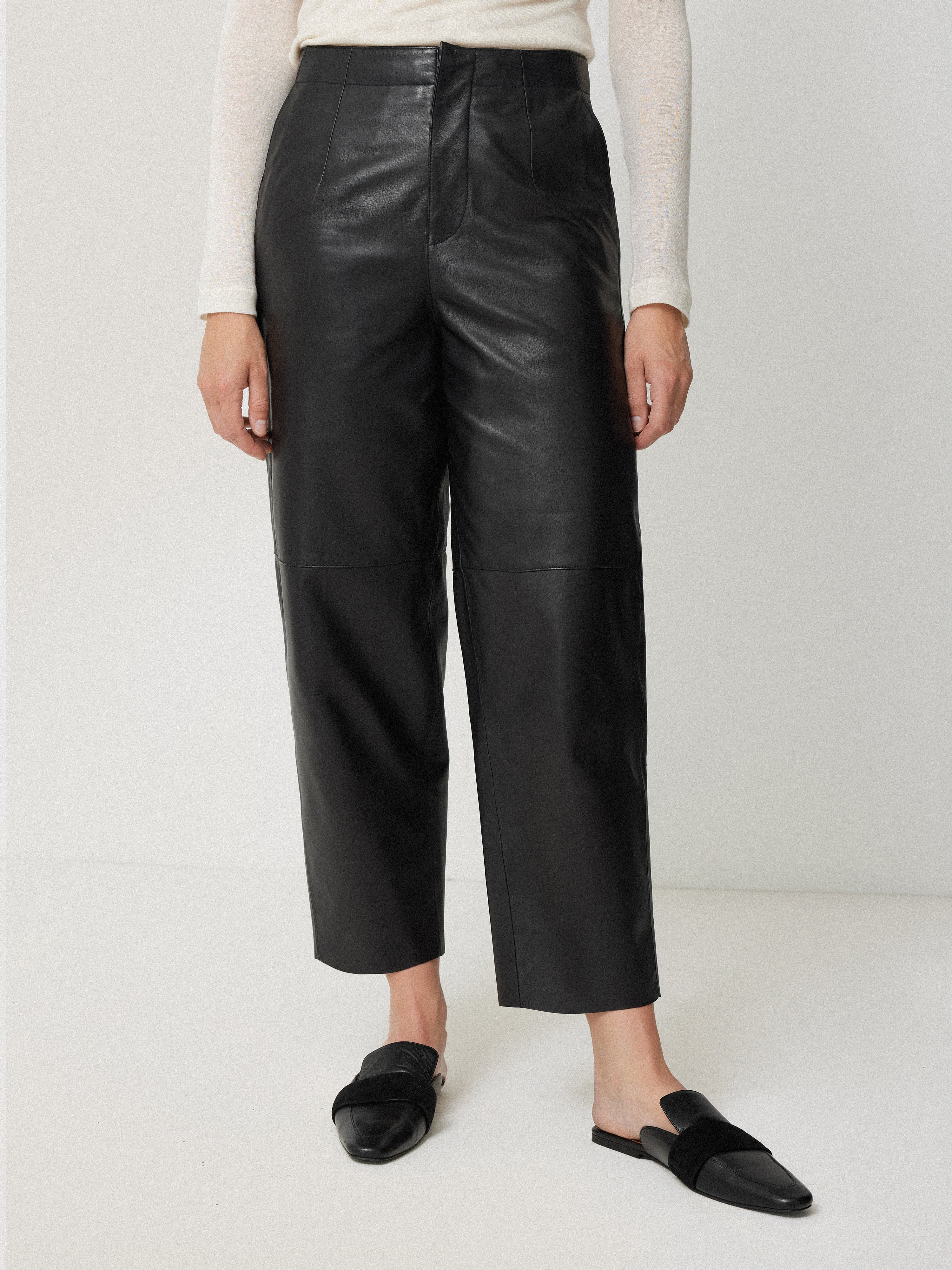 Premium Black Leather Barrel Leg Pants for Women - Trendy High Waist Trousers for Office, Night Out & Casual Wear
