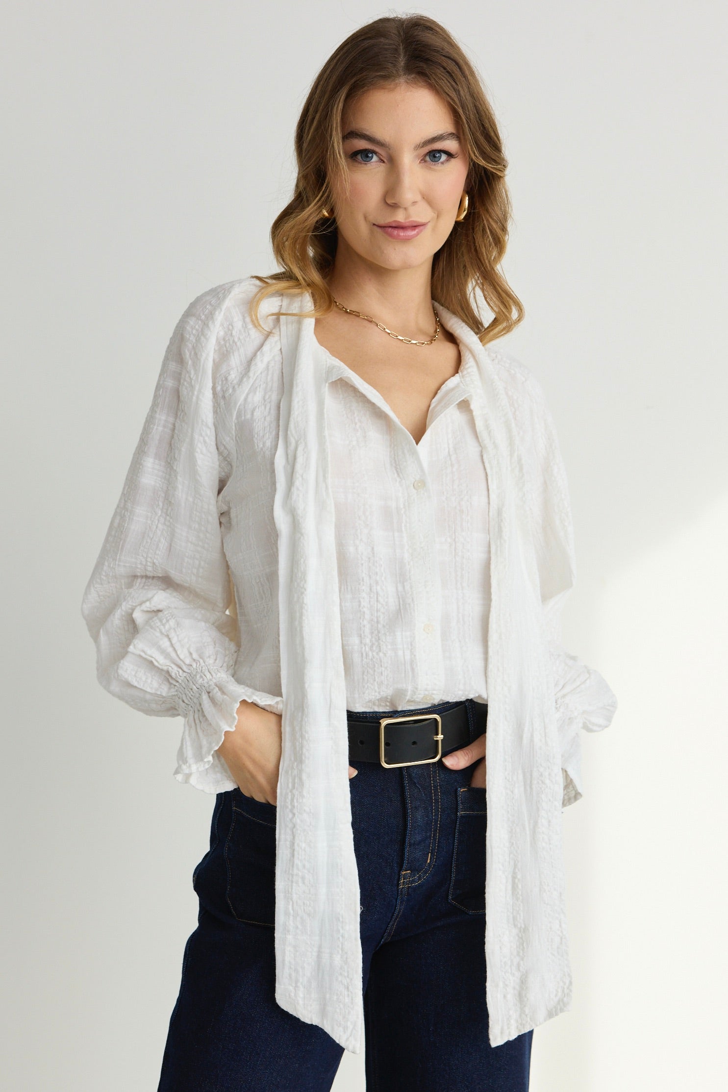 Compassion Ivory Textured Tie Front Blouse for Women - Elegant Work & Casual Wear | Perfect for Office, Date Night & Special Occasions