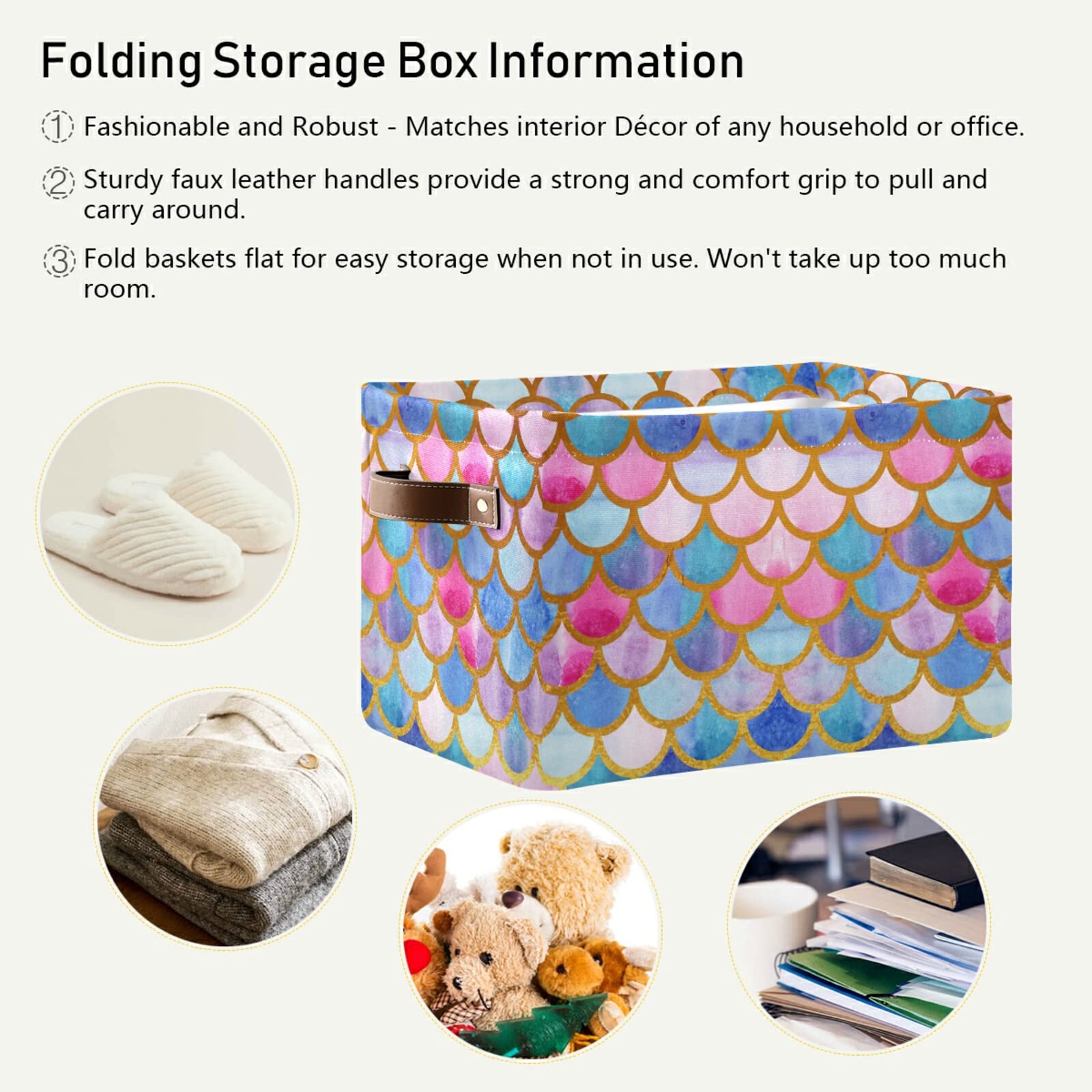 Rectangular Storage Basket with Leather Handles - Collapsible Mermaid Scale Design Organizer Bin for Office, Bedroom, Closet | Space-Saving Home & Office Storage Solution