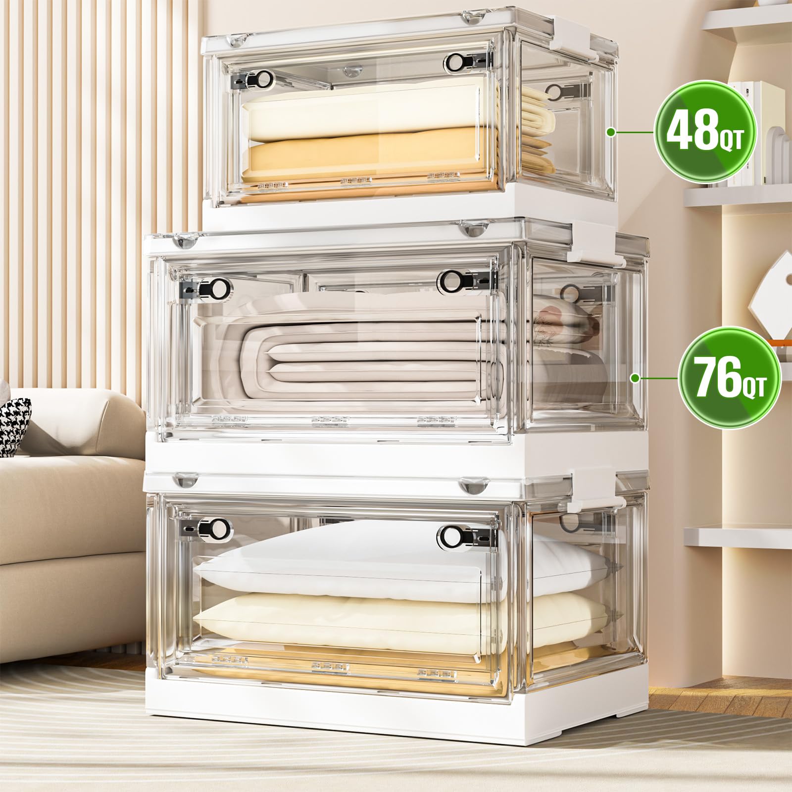 Clear Stackable Storage Bins with Lids & Wheels - 144QT for Home & Dorm Organization