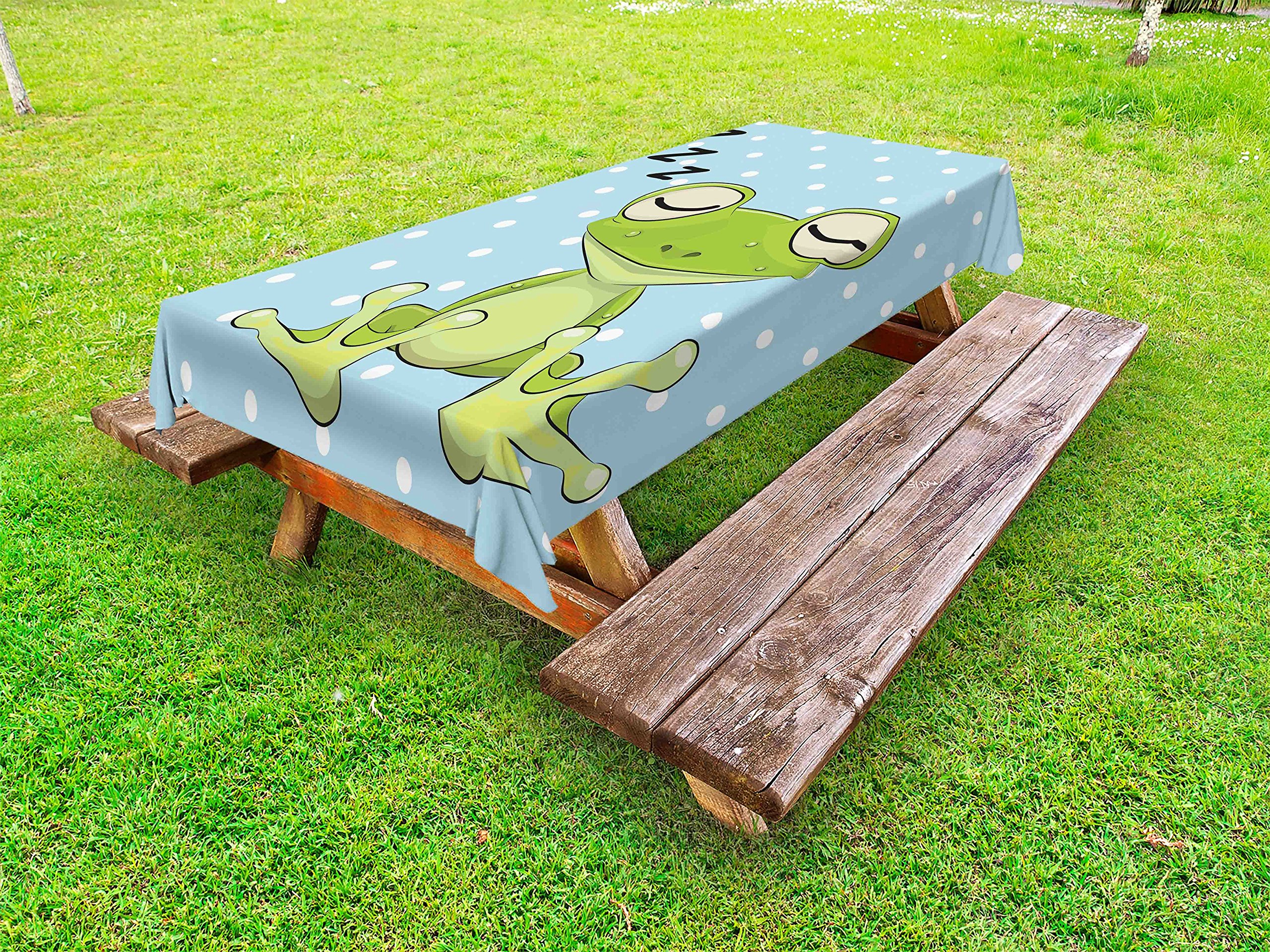 Ambesonne Cartoon Outdoor Tablecloth - Sleeping Prince Frog in Cap with Polka Dot Background, Animal World Design, Waterproof & Washable Picnic Table Cover, 58