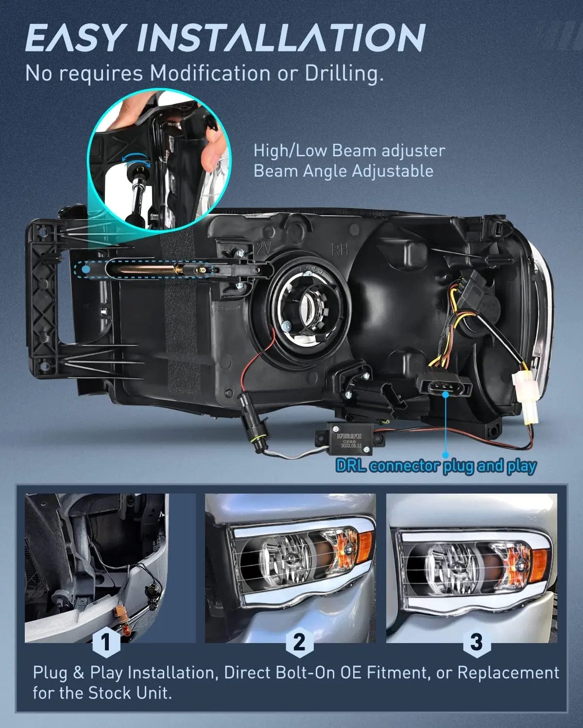 2002-2005 Dodge Ram 1500/2500/3500 Black Headlight Assembly with Amber Reflector - Replacement for Foggy/Broken Lights, Off-Road & Night Driving