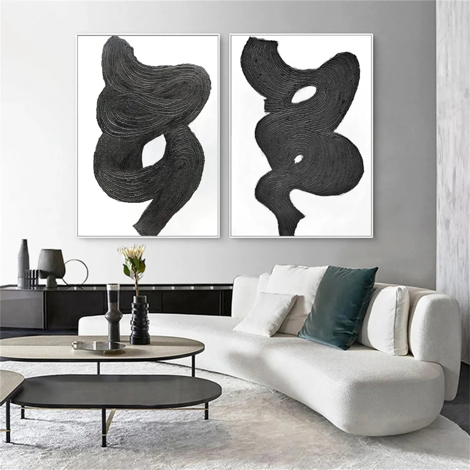 Black and White Textured Minimalist Wall Art Set of 2 - Modern Abstract Canvas Paintings for Living Room, Bedroom & Office Decor #MZ114