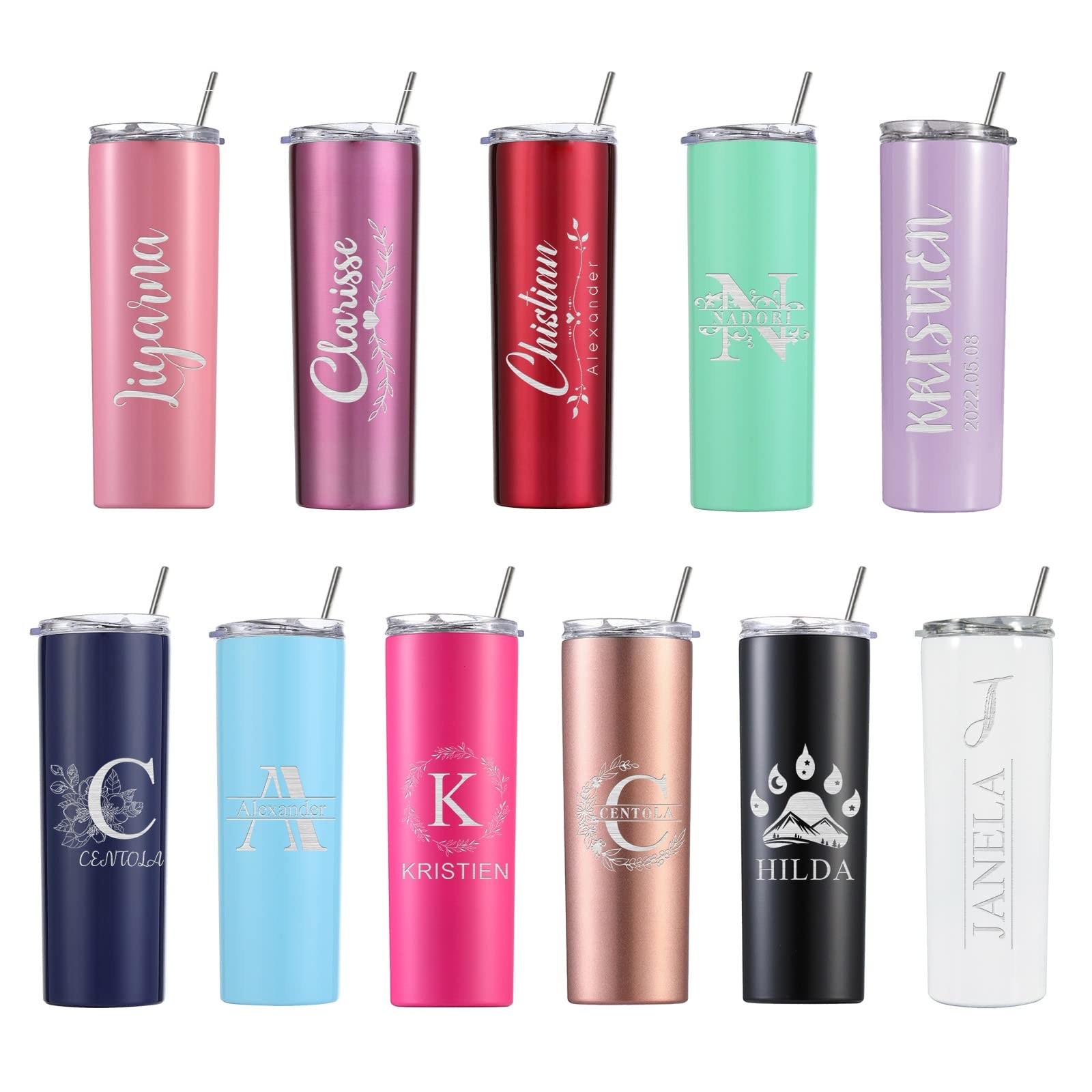 Personalized 20oz Skinny Tumbler with Lid & Straw - Custom Engraved Name Cup for Women, Men, Mom, Dad - Perfect Gift for Friends, Birthday, Anniversary - Ideal for Coffee, Wine, Office & Travel Use