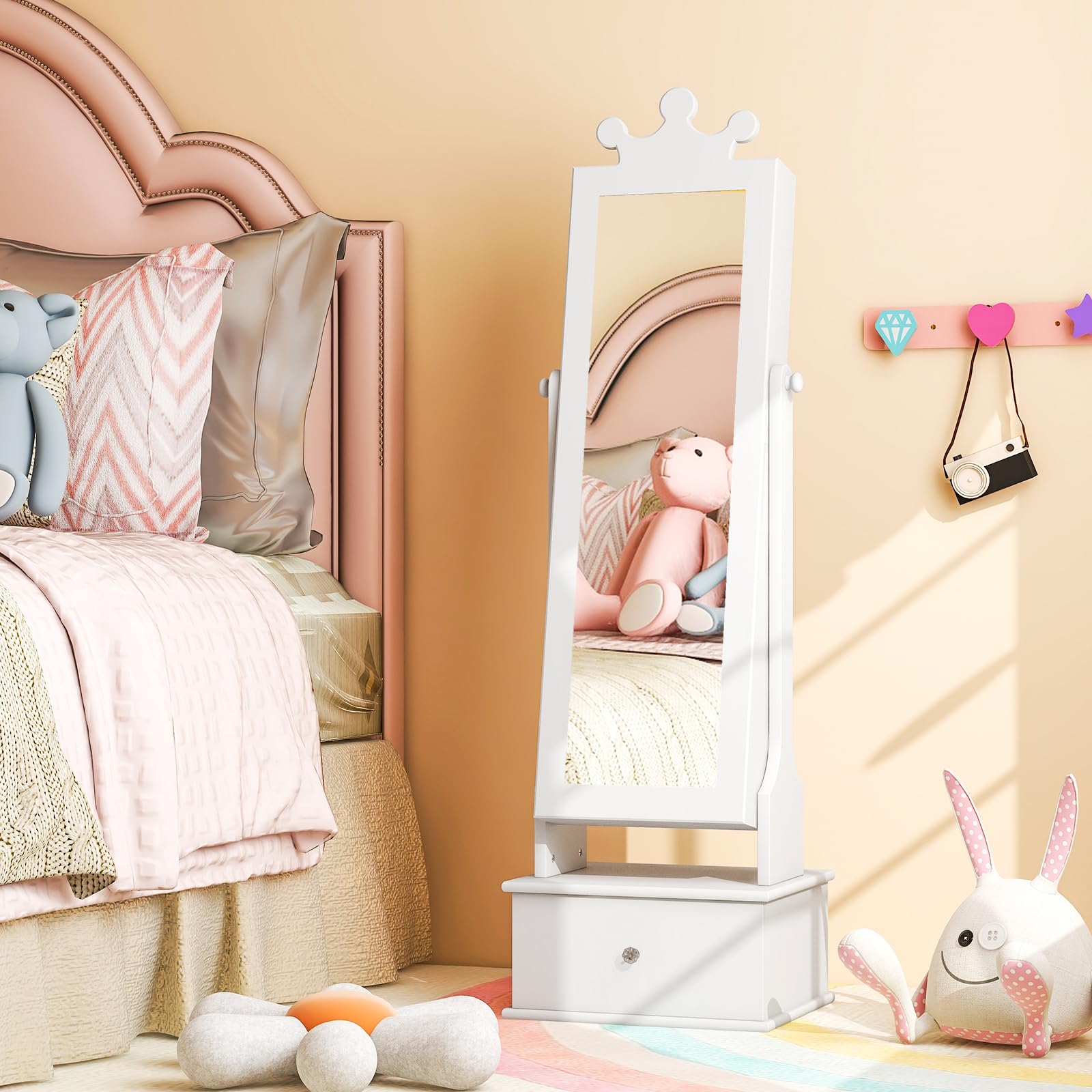 Costzon Kids Jewelry Armoire with Mirror & Drawers - White Vanity Organizer for Girls' Room