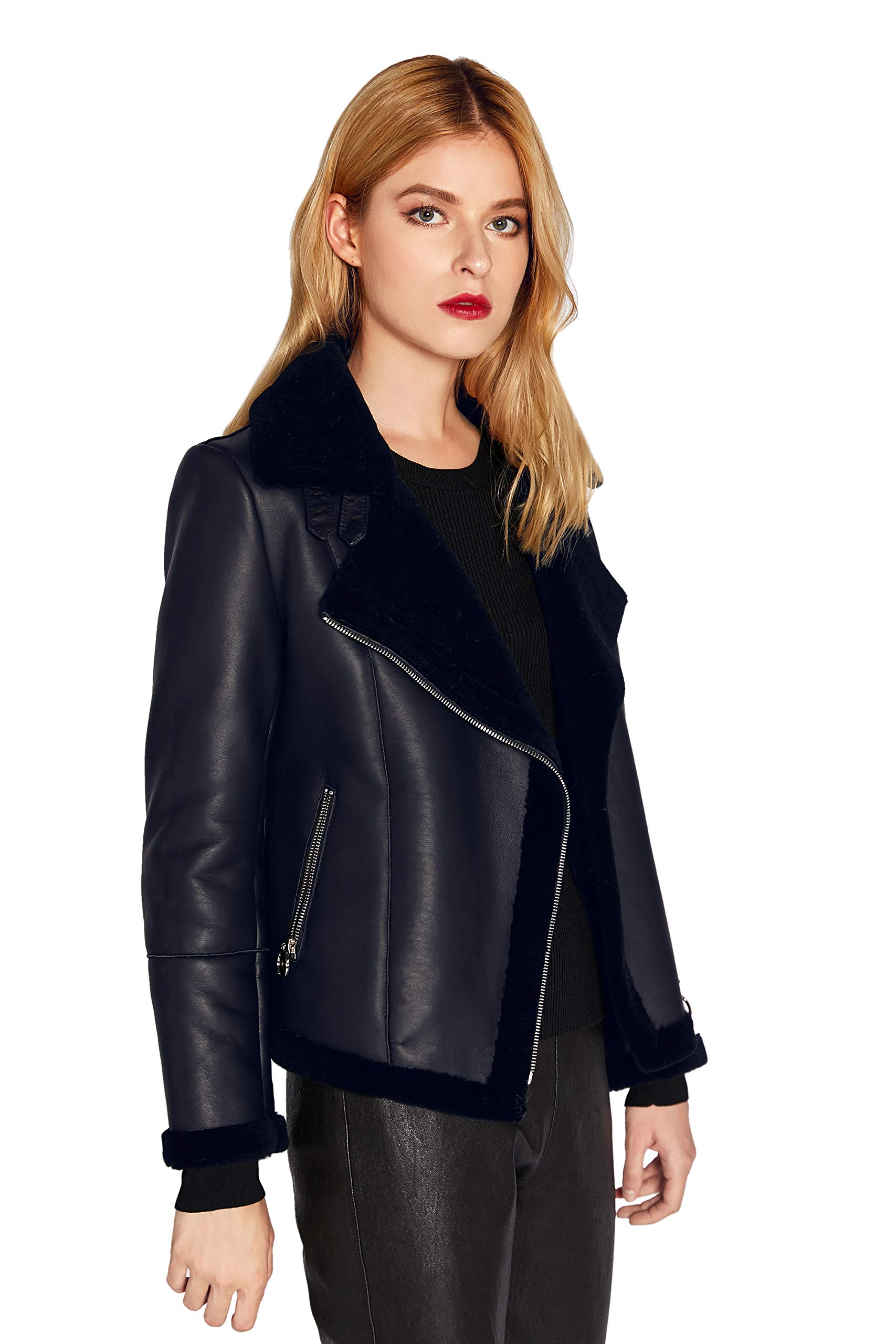 Genuine Lambskin Leather Jacket for Women - Soft Lamb Shearling Zip-Up Short Motorcycle Biker Jacket - Perfect for Riding, Casual Outfits & Winter Fashion