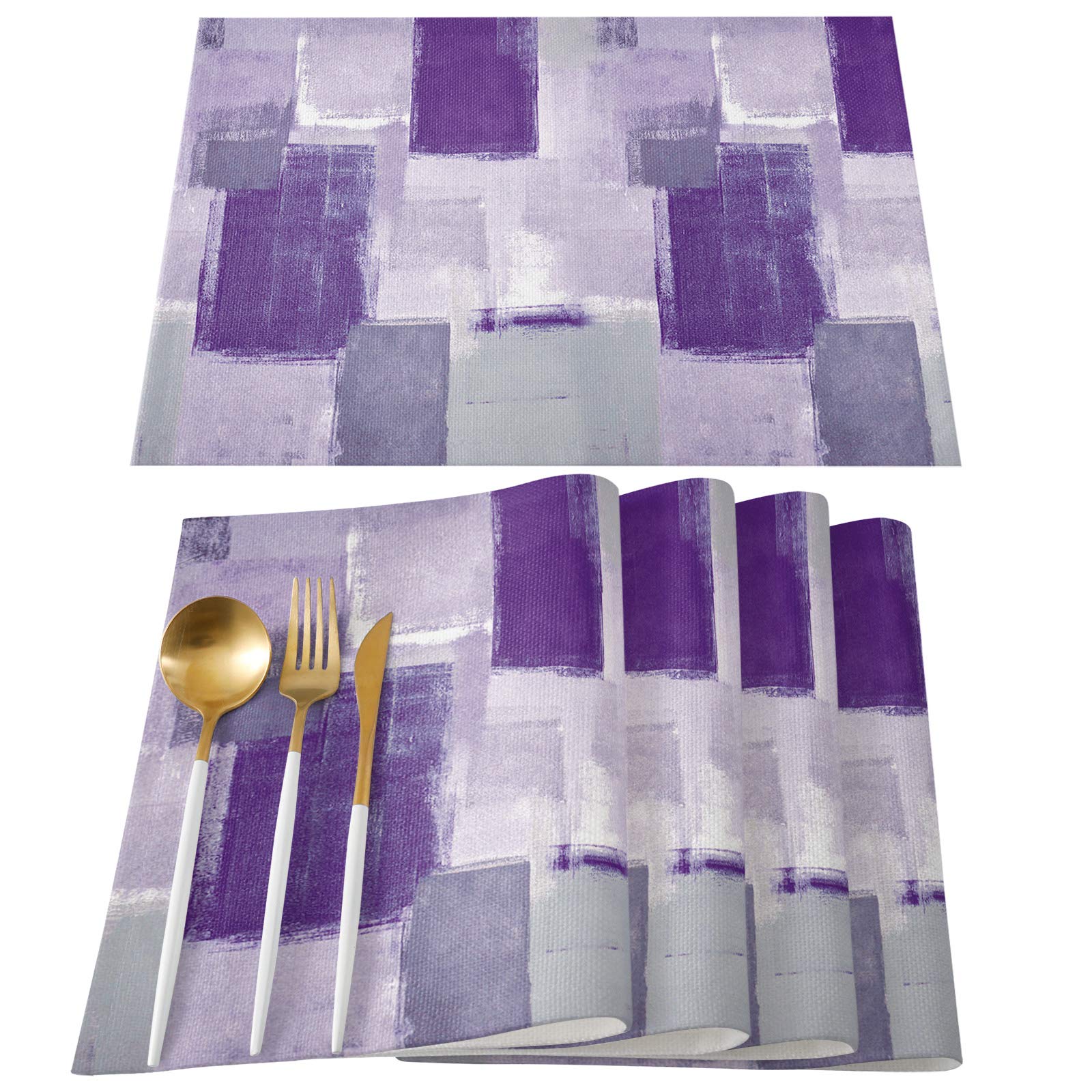 Stylish Round Abstract Geometric Placemats Set of 4 - Non-Slip Heat Resistant Washable Table Mats in Lavender & Gray - Perfect for Dining Tables, Kitchen Decor, and Family Gatherings