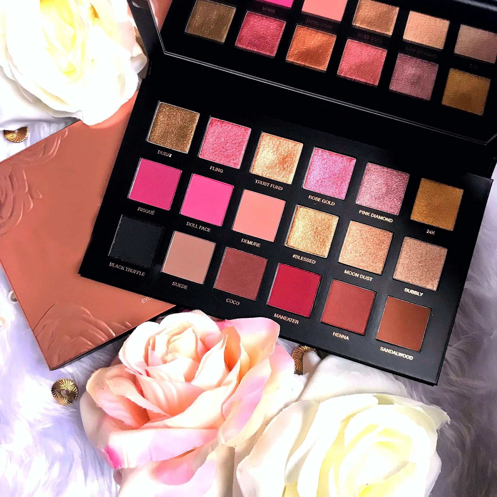 HUDA CRUSH BEAUTY Eyeshadow Palette with 4-Piece Brush Set - Rose Gold Remastered Edition, Highly Pigmented Eye Shadow Palette with Blending Brushes (Pink) | Perfect for Professional Makeup, Bridal Looks & Everyday Glam