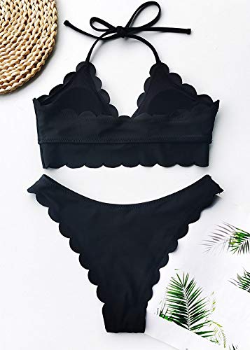 Plus Size Swimwear 2 Piece Bikini Set - Women's Solid Color Halter Neck Bathing Suit with Scallop Edge - Perfect for Beach Vacation & Pool Party (Sizes XL-6XL)