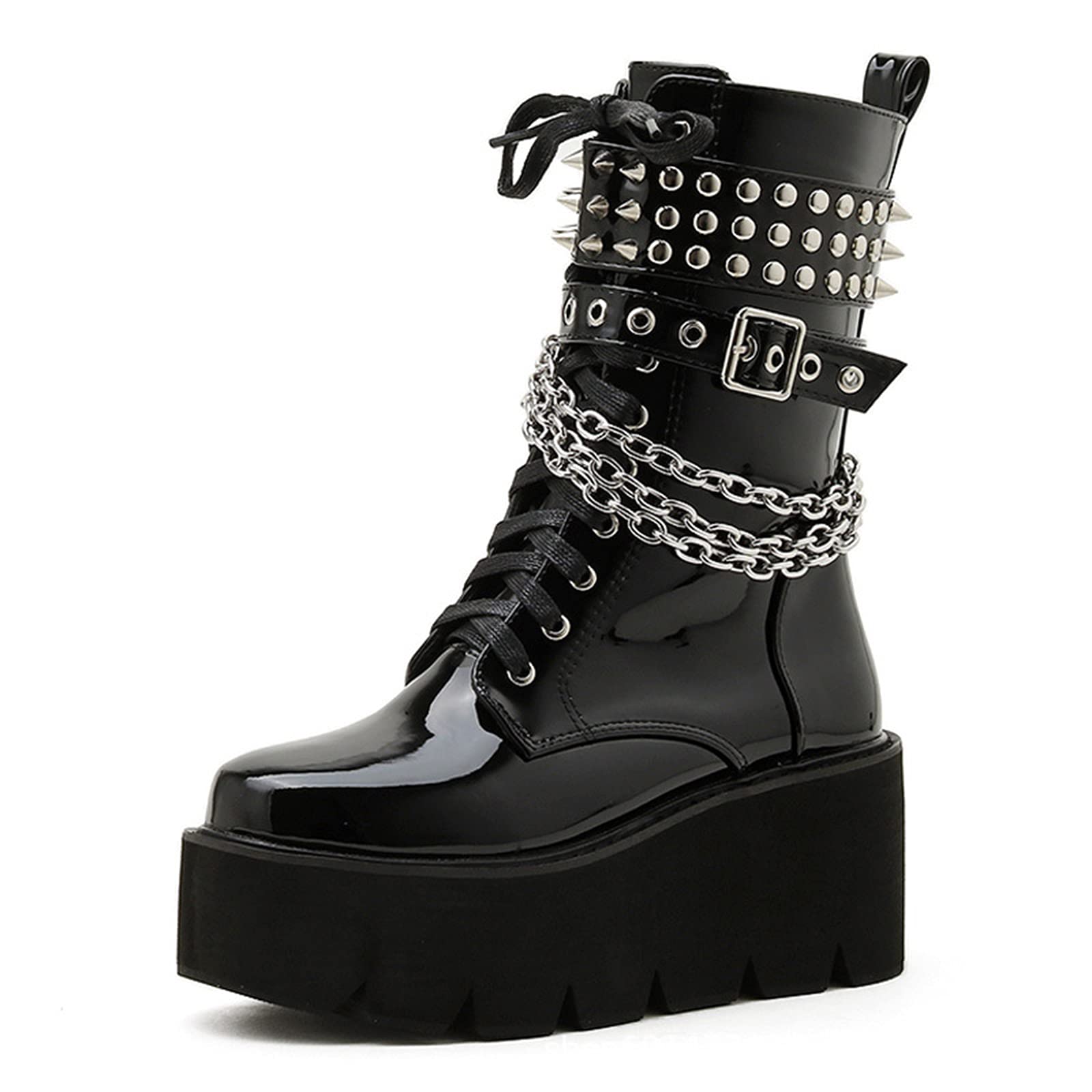 NYPB Women's Lace Up Combat Boots with Side Zip - Block Heel Biker Boots, Platform Mid Calf Wellington Boots for Motorcycle Riding, Outdoor Adventures & Fashion Streetwear