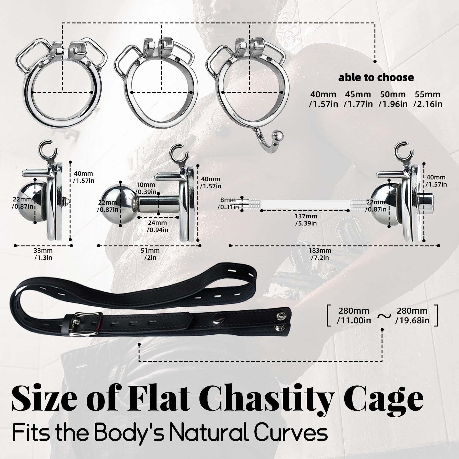 Metal Chastity Cage for Men with Dilator & Belt - Negative Flat Design, Portable Extreme SM Cock Bondage Sex Toy for Couples (50mm Arc Ring, 192+ Belt) - Perfect for BDSM Play, Couples Bondage & Role-Playing Scenes