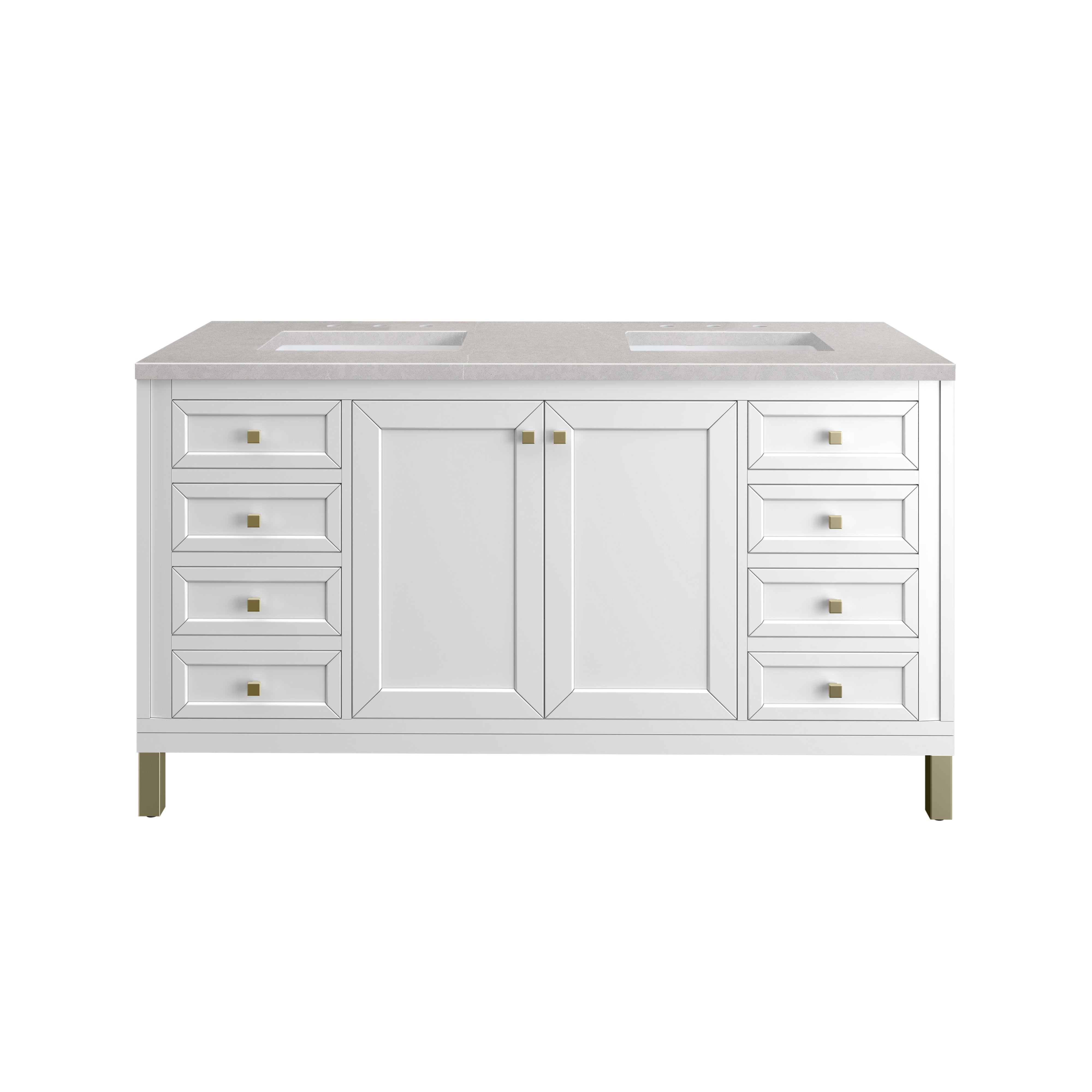 Chicago 60 Inch Double Bathroom Vanity with Glossy White Finish & 3CM Eternal Serena Quartz Countertop - Perfect for Modern Master Bathrooms and Luxury Home Renovations