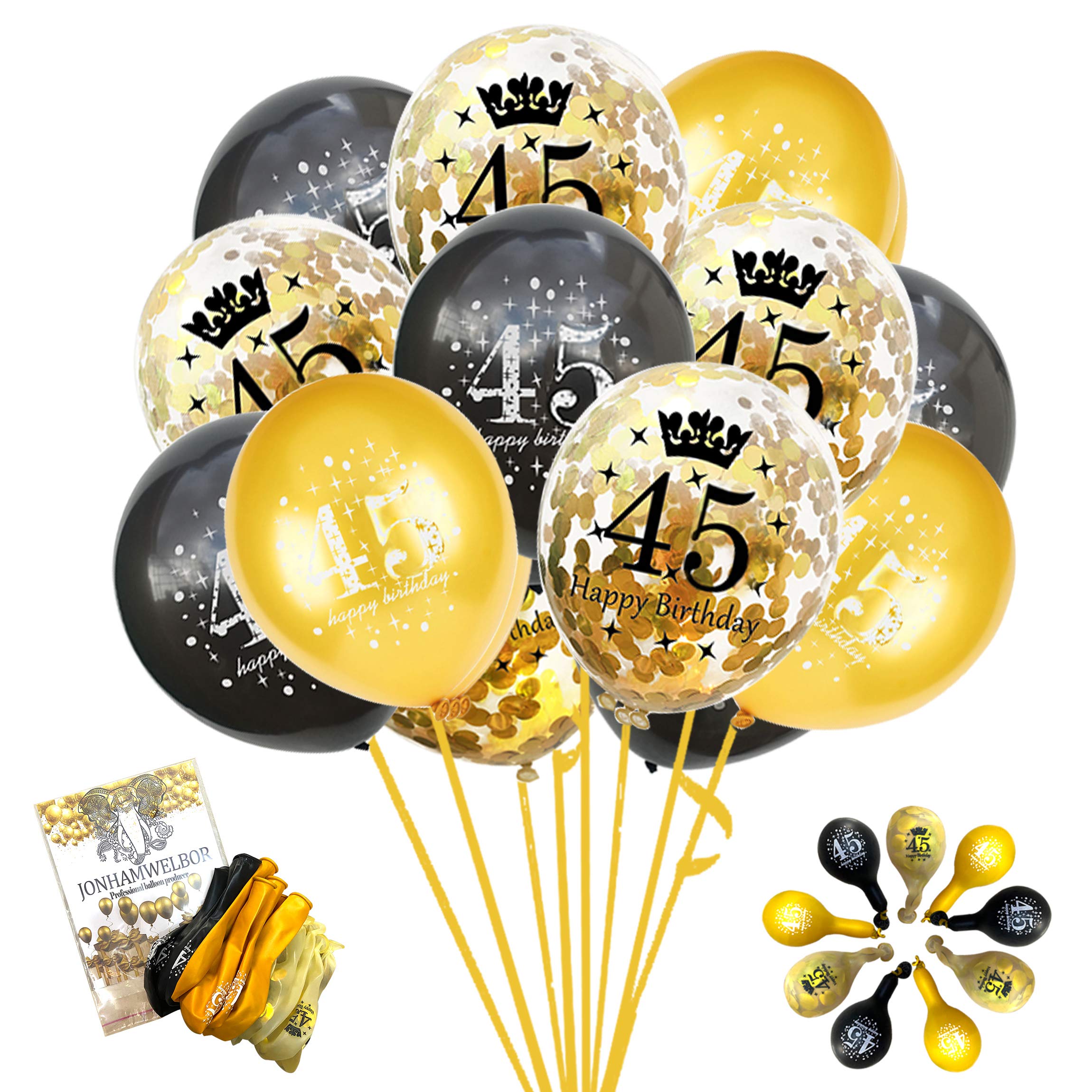 Jonhamwelbor 45th Birthday Balloons - 15pcs 12 Inch Black & Gold Confetti Printed Latex Balloons for Men & Women's 45th Birthday Party Decorations - Perfect for Anniversary Celebrations, Milestone Parties & Photo Backdrops