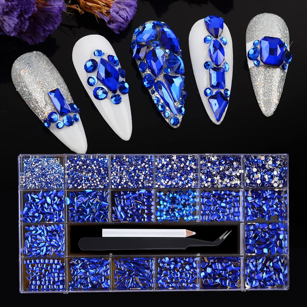 8620Pcs Nail Rhinestones Kit - Multi-Shaped Glass Crystal Flatback Diamonds for Professional Nail Art Decorations | DIY Nail Art Craft with Rhinestones Picker Tool | Perfect for Salon, Home Manicure & Party Nail Designs (Dark Blue)