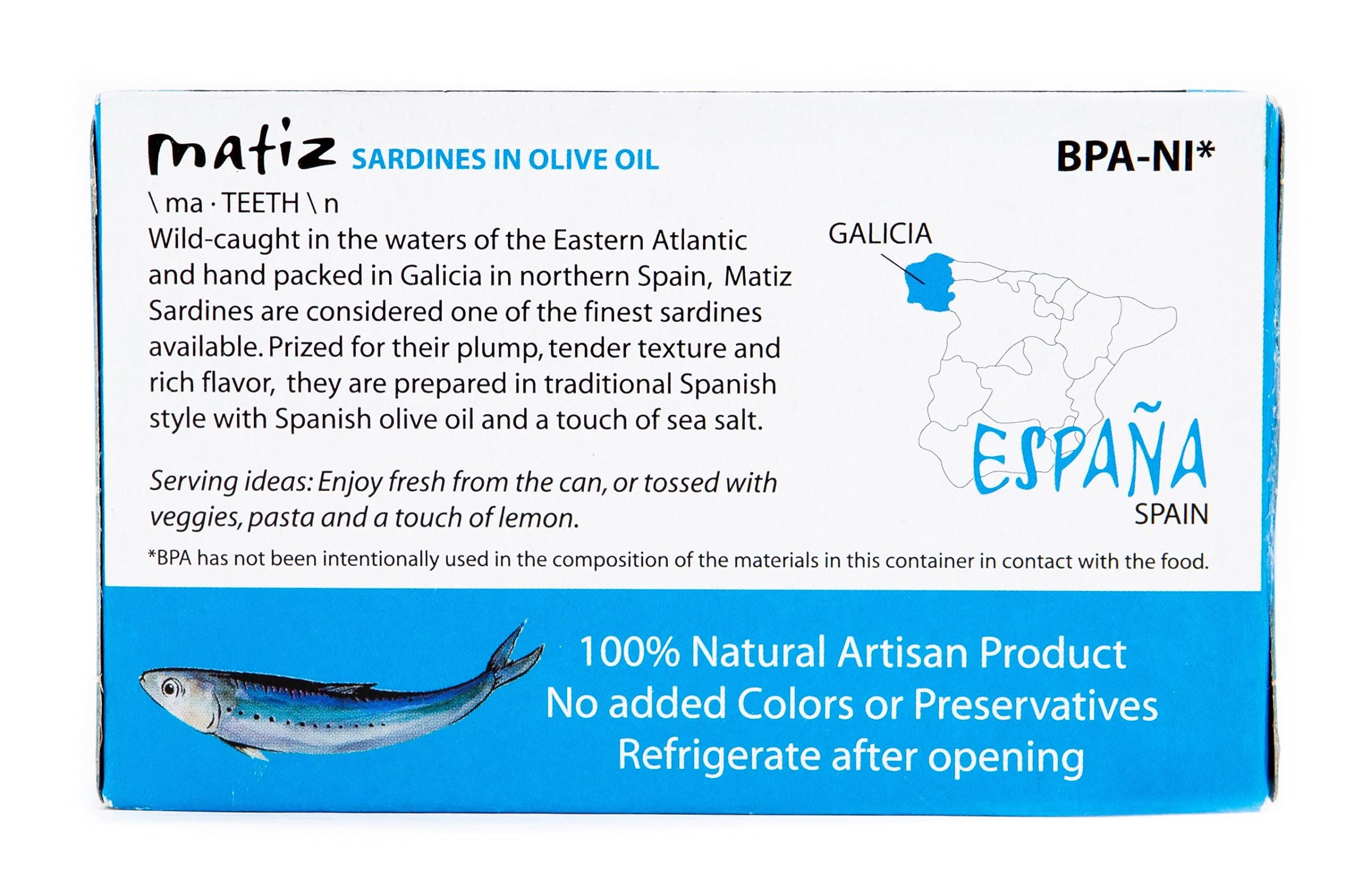 Matiz Sardines in Olive Oil - Wild Caught Spanish Gourmet Canned Fish (Pack of 25, 4.2oz Cans) | High Protein, Natural & Fresh | Perfect for Tapas, Snacks, Meals, Salads & Charcuterie Boards
