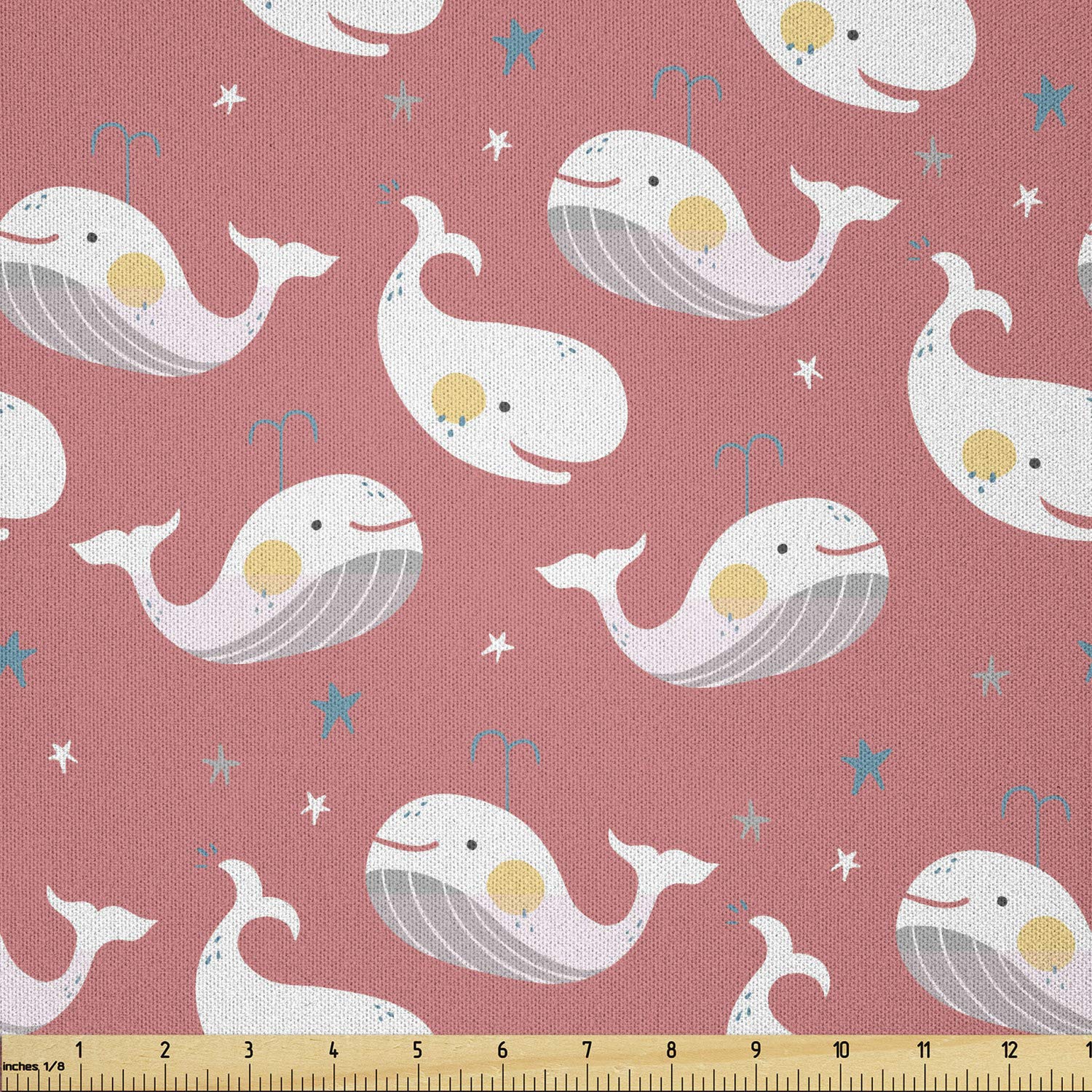 Ambesonne Whale Fabric by The Yard - Cheerful Sea Life Pattern with Whales & Stars on Pink Backdrop | Soft Microfiber Material for DIY Arts, Crafts, Home Decor & Upholstery (10 Yards, White Coral Teal) | Perfect for Nursery Decor, Quilting Projects & Ocean-Themed Crafting
